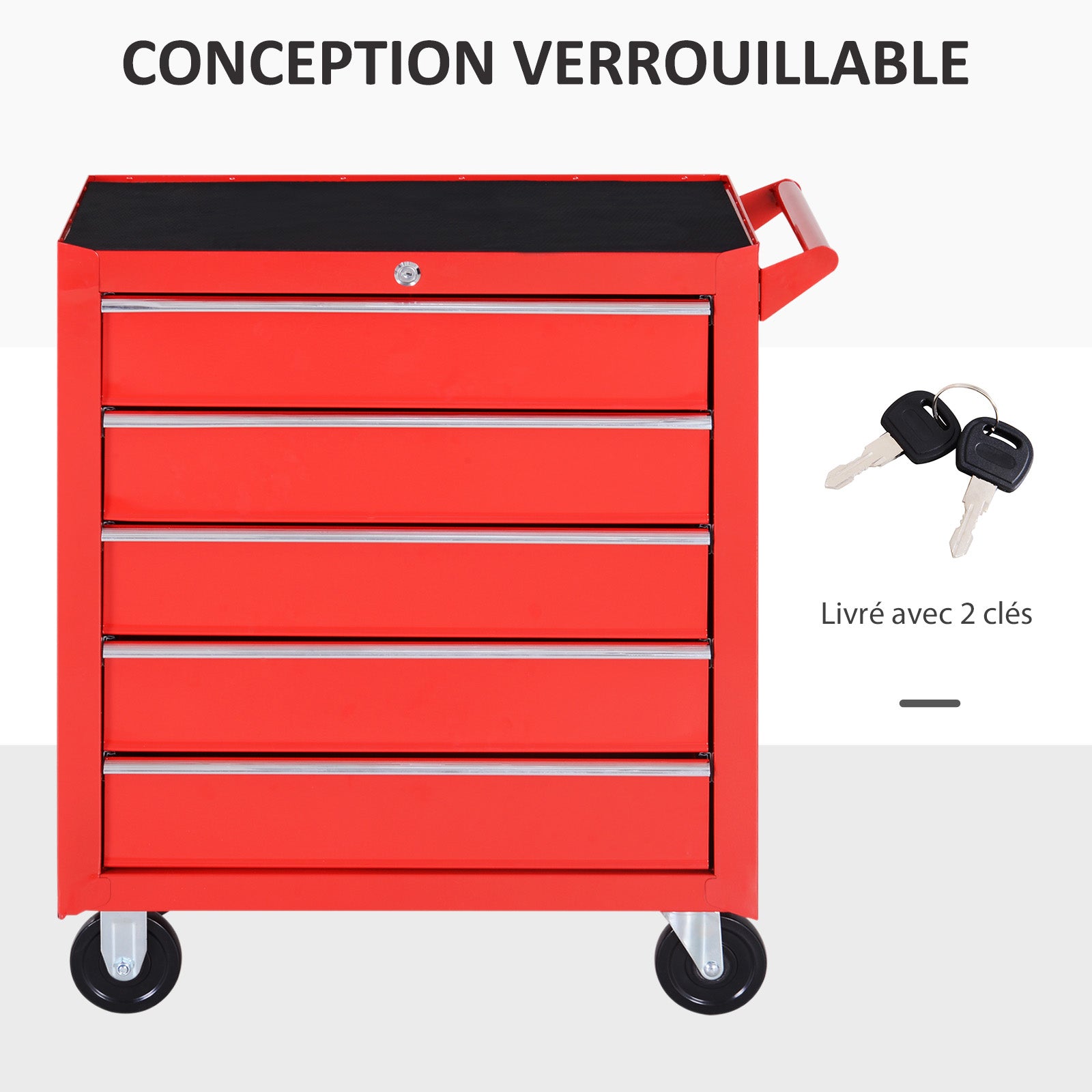 Chariot à outils sur roulettes pour atelier avec 5 tiroirs verrouillable 2 clés acier 69 x 33 x 75 cm rouge