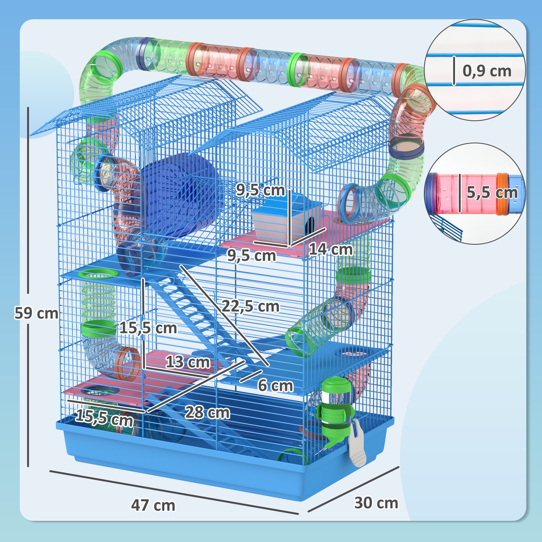 Cage pour Hamster Souris Petit Animaux Rongeur avec Tunnel Mangeoire Roue Jouet 47 x 30 x 59 cm Bleu