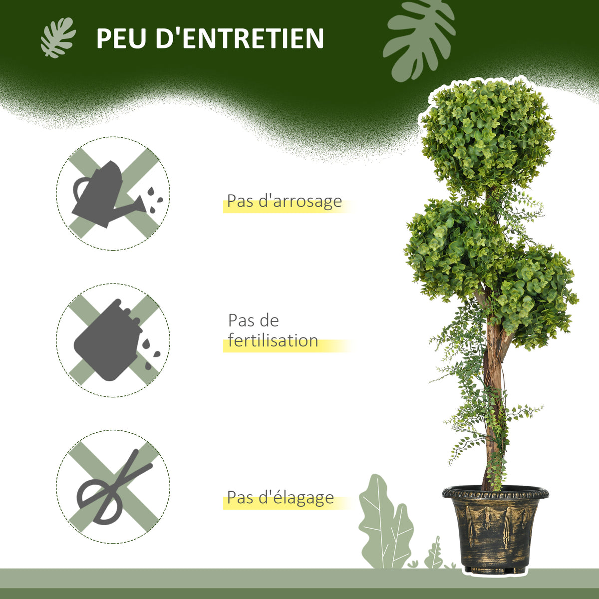 Plante artificielle arbre artificiel 3 boules de buis avec pot ciment, intérieur et extérieur, hauteur 115 cm