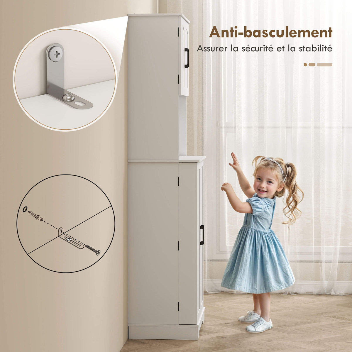 Buffet haut cuisine armoire de cuisine, 4 portes plan de travail 8 porte-épices étagères réglables 60x40x181,5cm blanc
