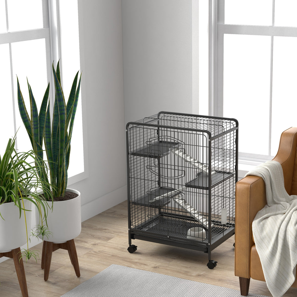 Jaula para roedores, jaula para animales pequeños con ruedas, 3 rampas, 3 plataformas, comedero y botella de agua, bandeja inferior extraíble para conejos, visones y chinchillas, acero PP, 61,5x44x95 cm, negra