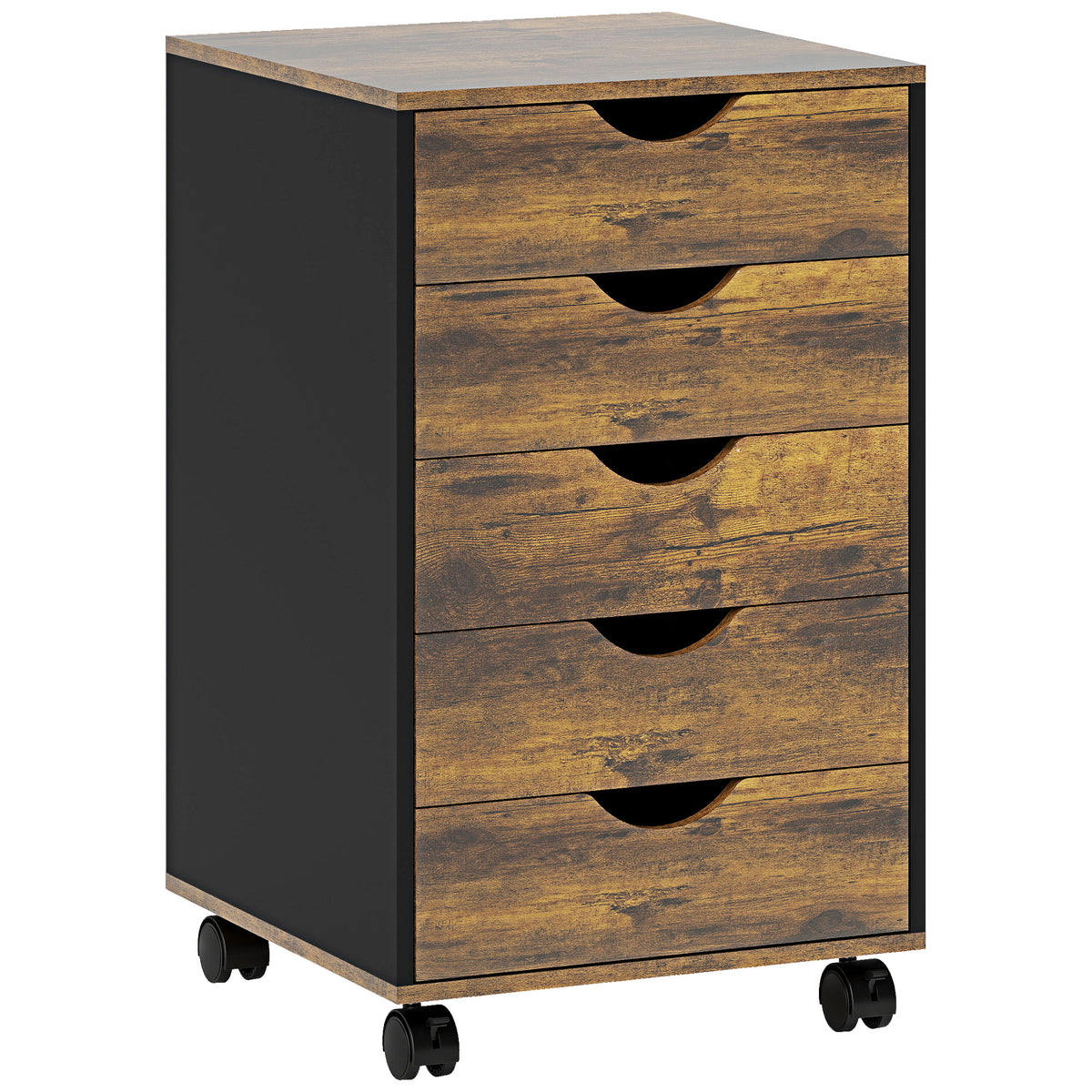 Caisson bureau mobile, meuble rangement sur roulettes avec 5 tiroirs, bois, 40 x 40 x 67 cm, marron
