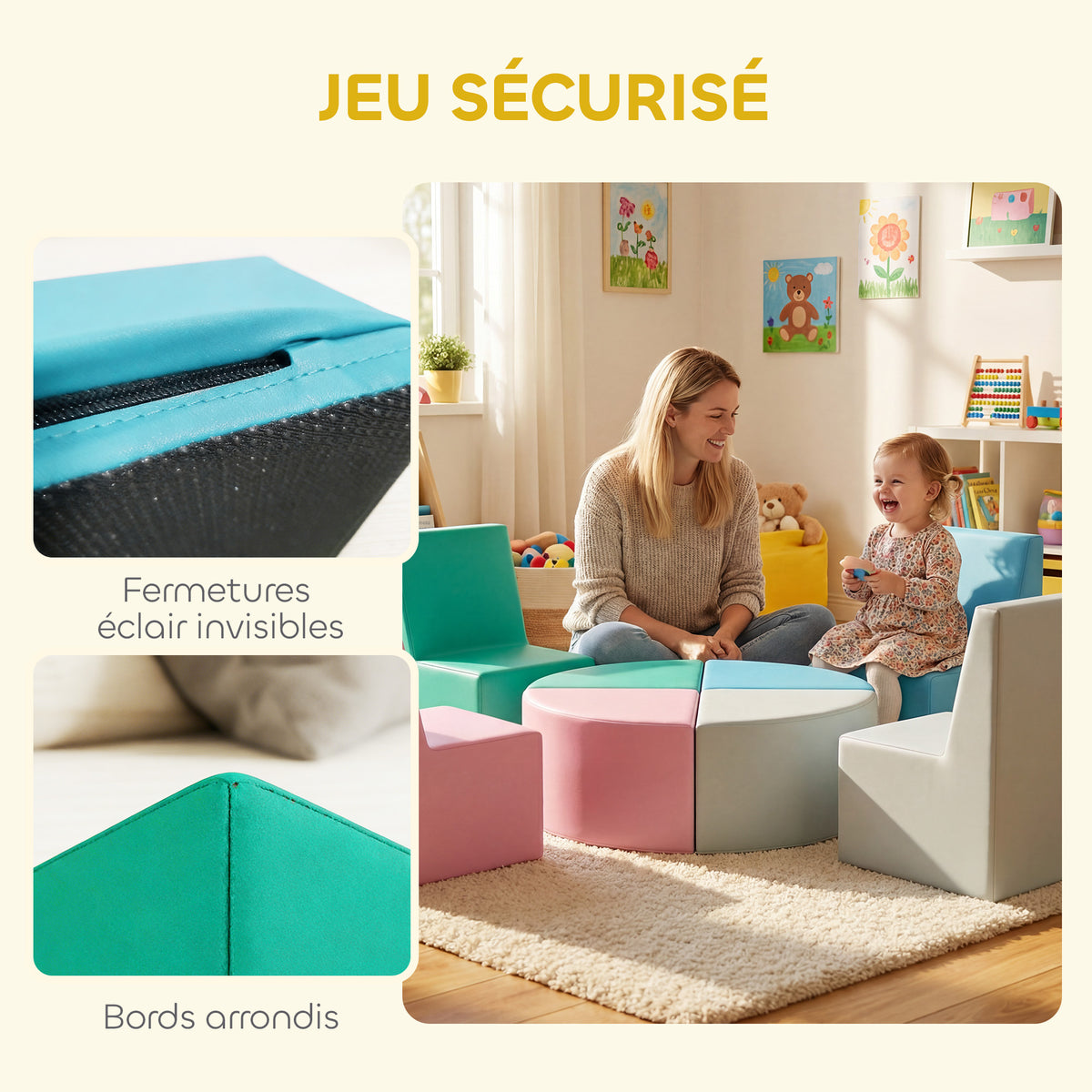 Parcours motricité bébé 8PCS, module motricité bébé mousse EPE et housse en PU, design table et chaises, multicolore