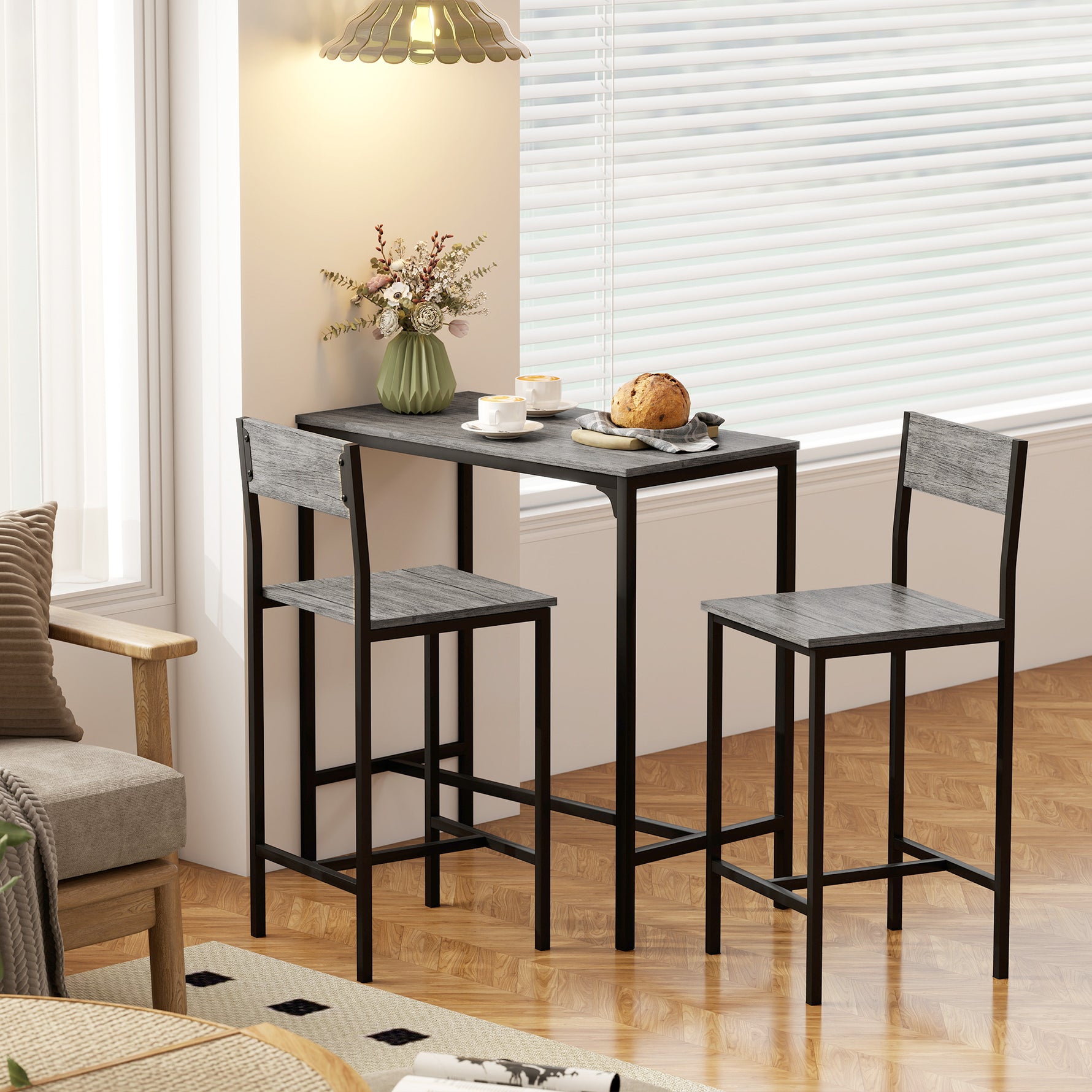Ensemble table de bar avec tabourets, table à manger debout avec 2 chaises de bar, repose-pieds et dossiers, gris