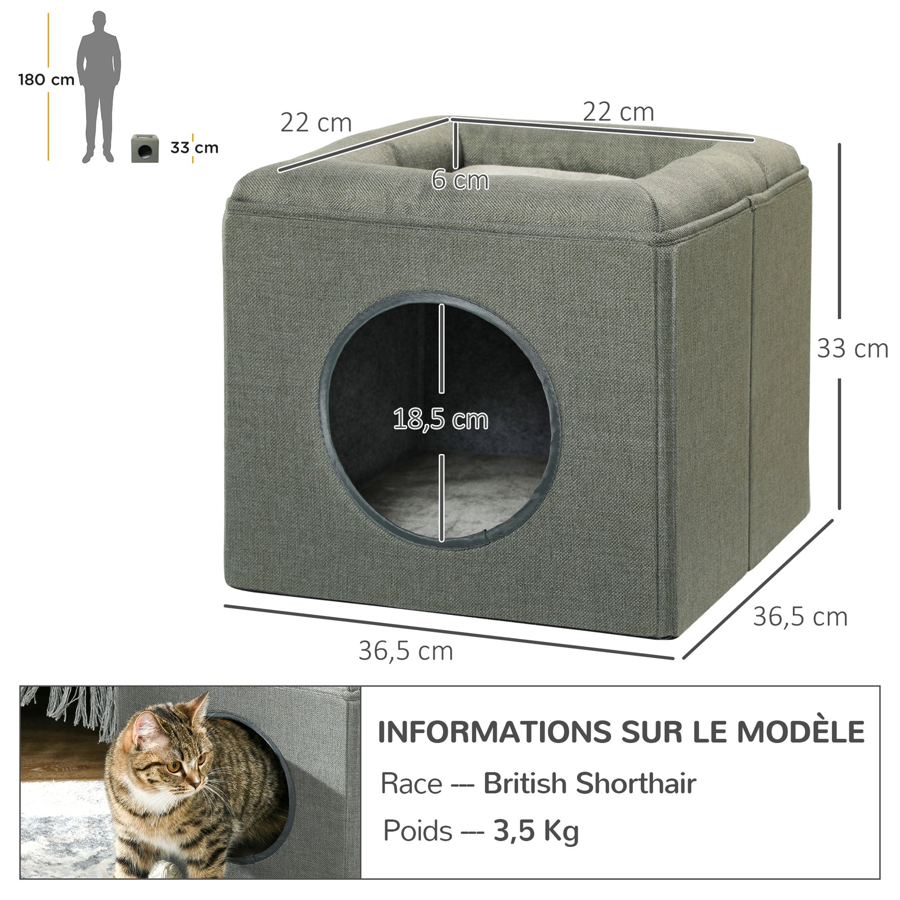 Maison niche pour chat 2 niveaux avec coussin moelleux en peluche - 36,5 x 36,5 x 33 cm gris