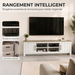 Meuble TV 175 cm, Meuble Télé pour Téléviseur jusqu'à 55 Pouces avec 2 Portes et 4 Compartiments Ouverts, Chêne et Blanc