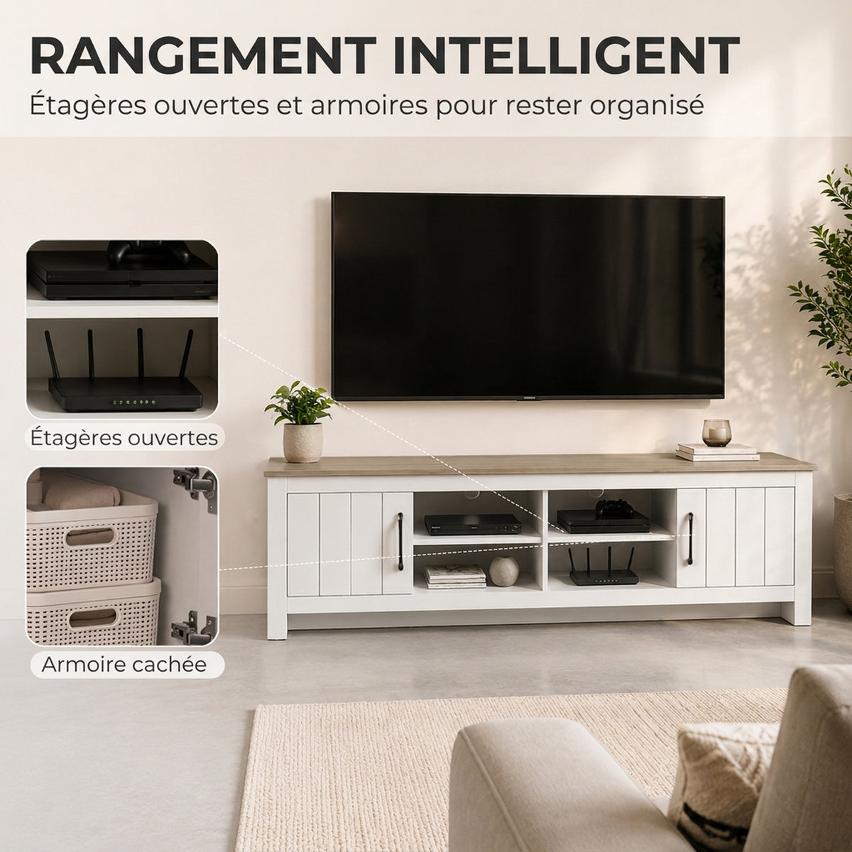 Meuble TV 175 cm, Meuble Télé pour Téléviseur jusqu'à 55 Pouces avec 2 Portes et 4 Compartiments Ouverts, Chêne et Blanc