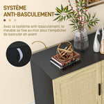 Meuble de rangement avec placards à portes effet cannage, étagères réglables, 136 x 41 x 70 cm, noir et bois naturel