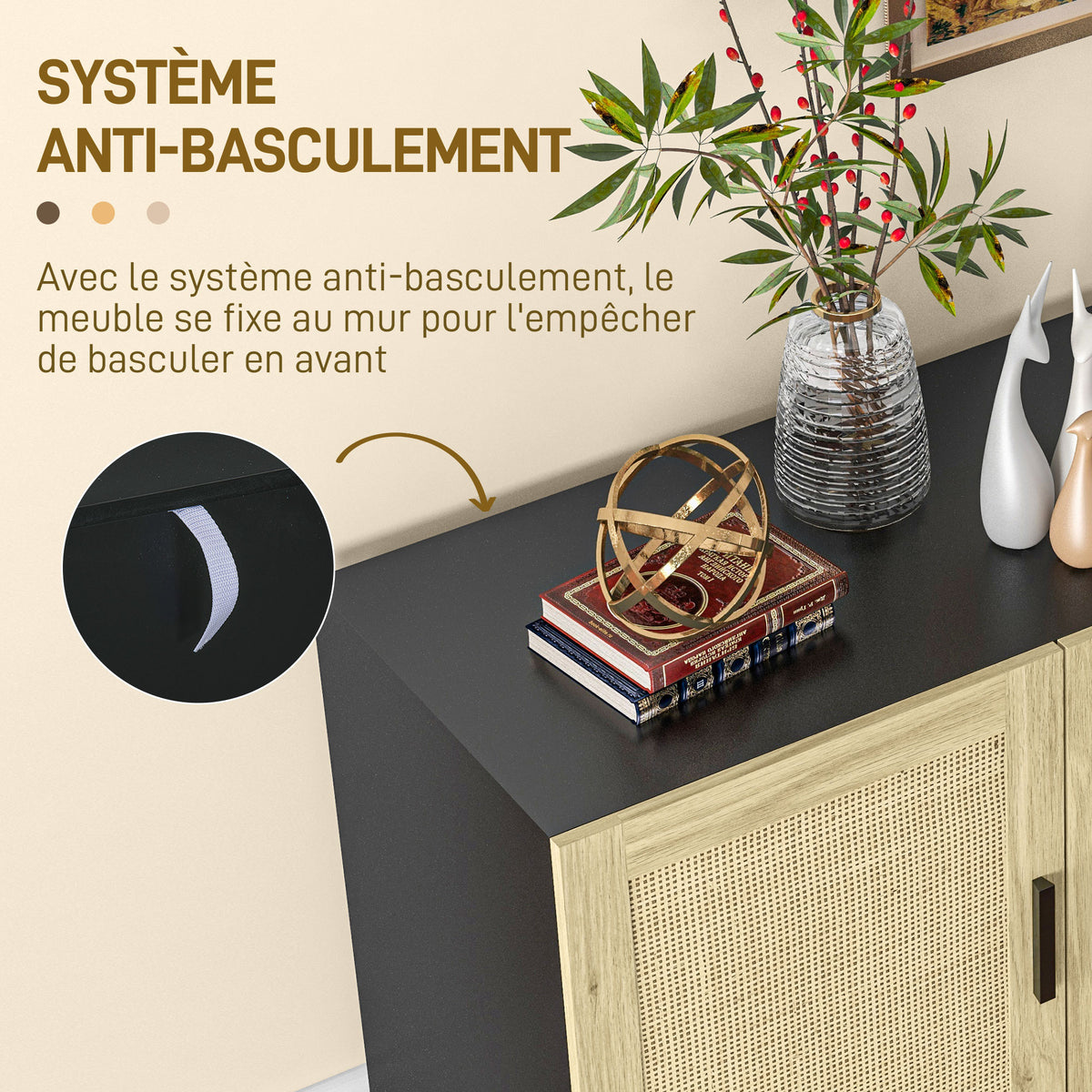 Meuble de rangement avec placards à portes effet cannage, étagères réglables, 136 x 41 x 70 cm, noir et bois naturel