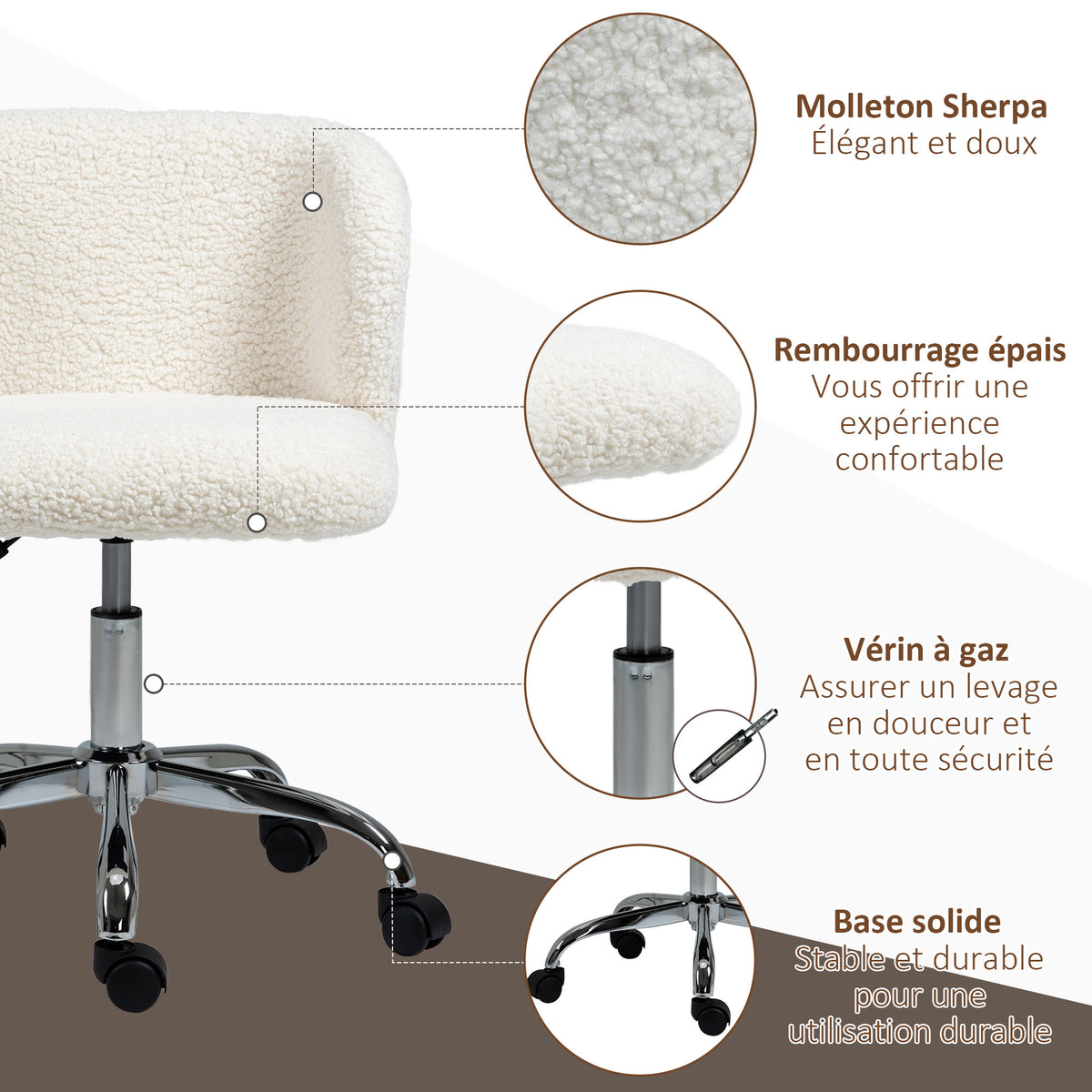 Chaise de bureau sans accoudoir en toison d'agneau hauteur réglable pivotant à 360 ° charge max. 120 Kg blanc