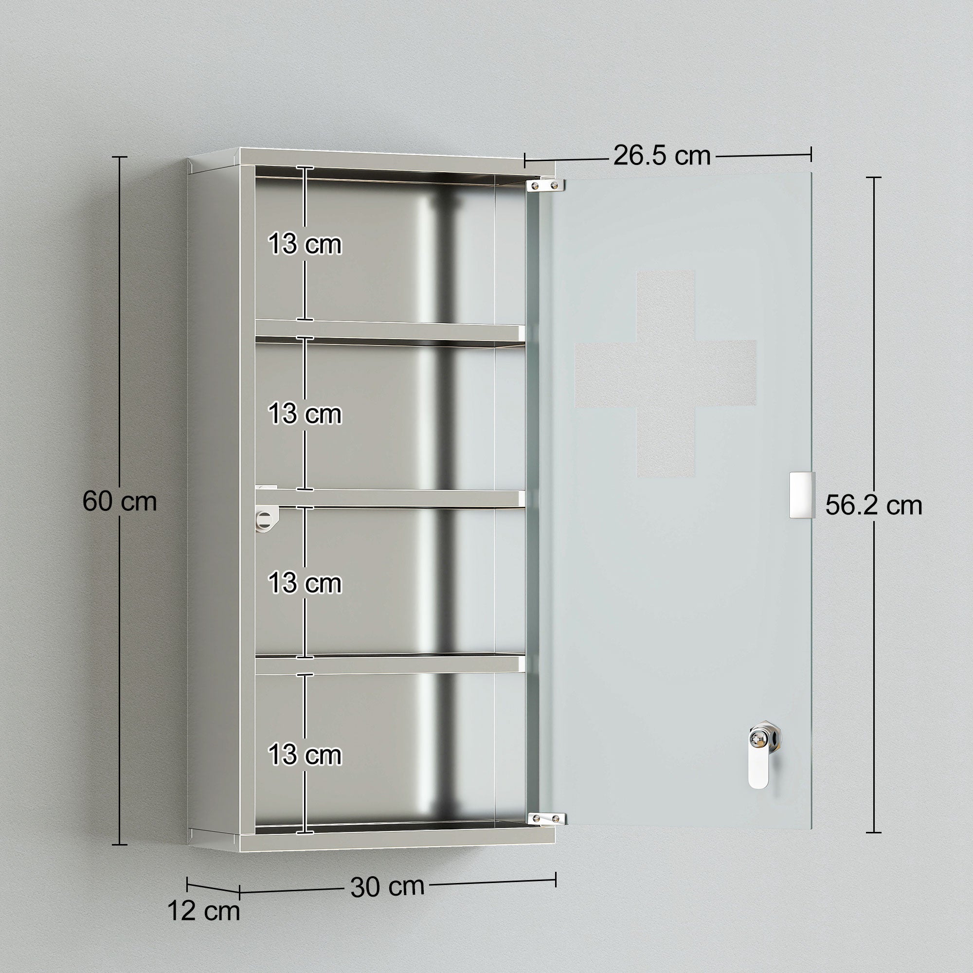 Armoire à Pharmacie 3 étagères 4 Niveaux 30L x 12l x 60H cm Porte Verre trempé Symbole Croix Acier Inoxydable brossé