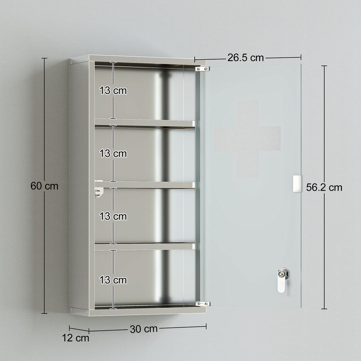 Armoire à Pharmacie 3 étagères 4 Niveaux 30L x 12l x 60H cm Porte Verre trempé Symbole Croix Acier Inoxydable brossé