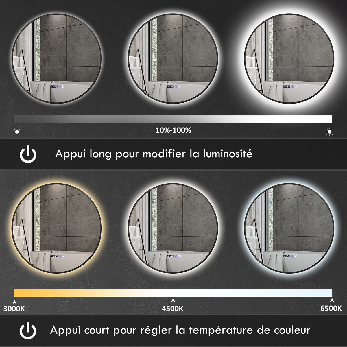Miroir de salle de bain rond avec éclairage LED, intensité variable, fonction anti-buée, interrupteur tactile, noir