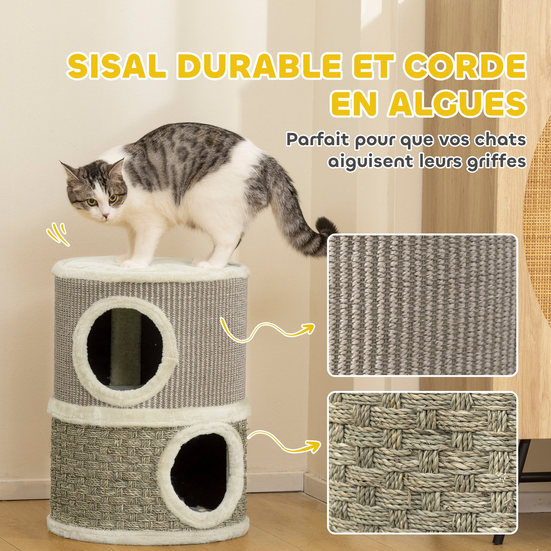 Tonneau à gratter pour chat arbre à chat sisal naturel et herbiers marins recouvert de peluche 35,5x35,5x49cm kaki café