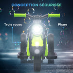 Moto électrique enfants 2-5 ans, 3 roues, 6 V, 3 km/h, avec fonction de bulles, effets lumineux et sonores, vert