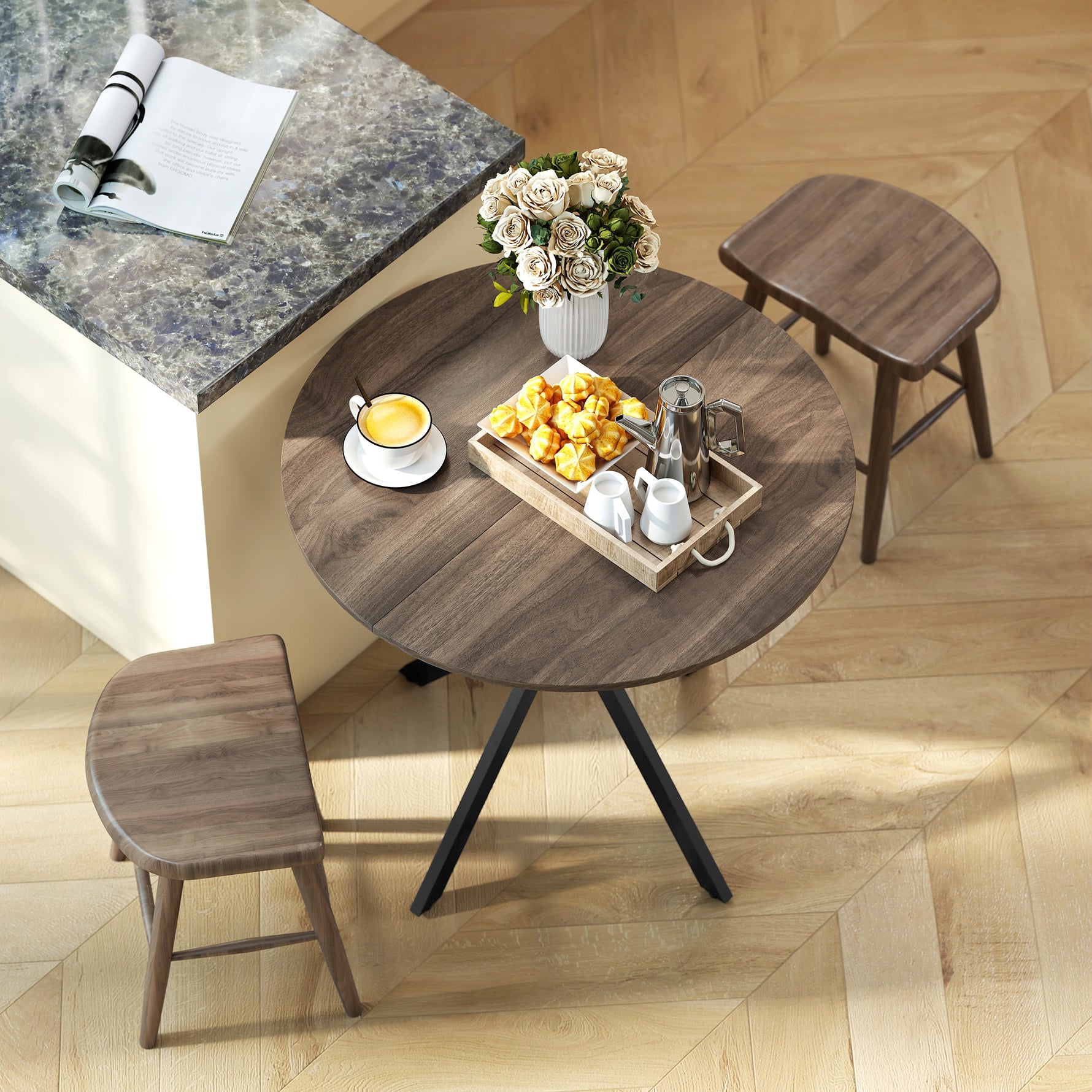 Table à manger ronde pour 2 personnes avec plateau aspect bois et piètement croisé en acier, marron