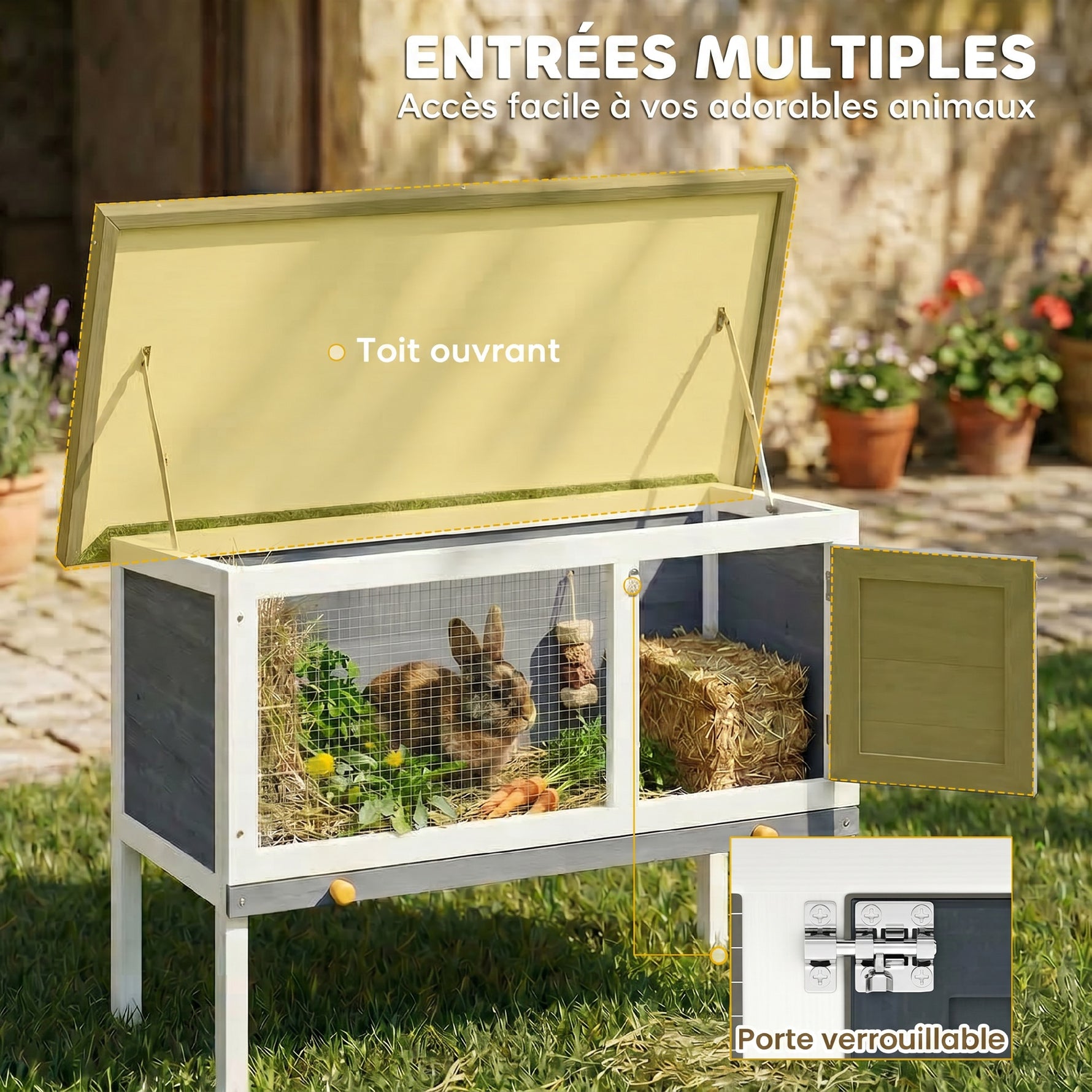 Clapier Lapin Extérieur en Bois, avec Toit Ouvrable en Asphalt et Plateau Coulissant, Design Surélevé, 90x45x65cm, Gris