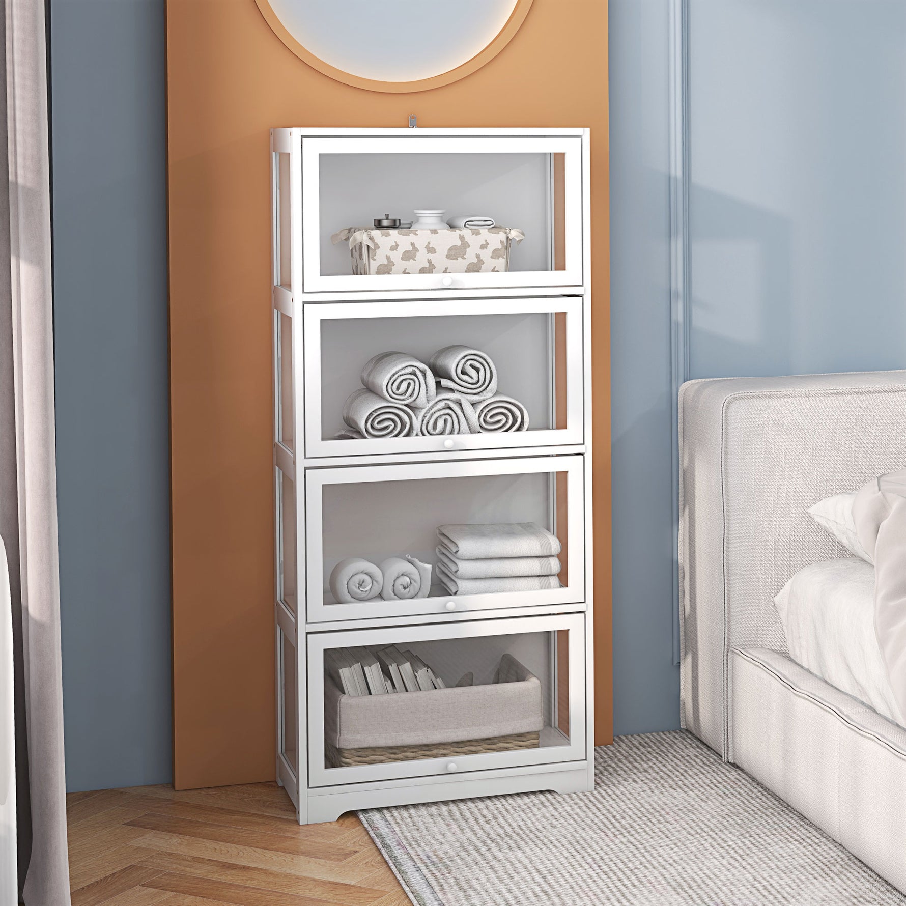 Vitrine pour collection buffet salon meuble de rangement à 4 niveaux avec portes à abattant, 59 x 30 x 139 cm, blanc