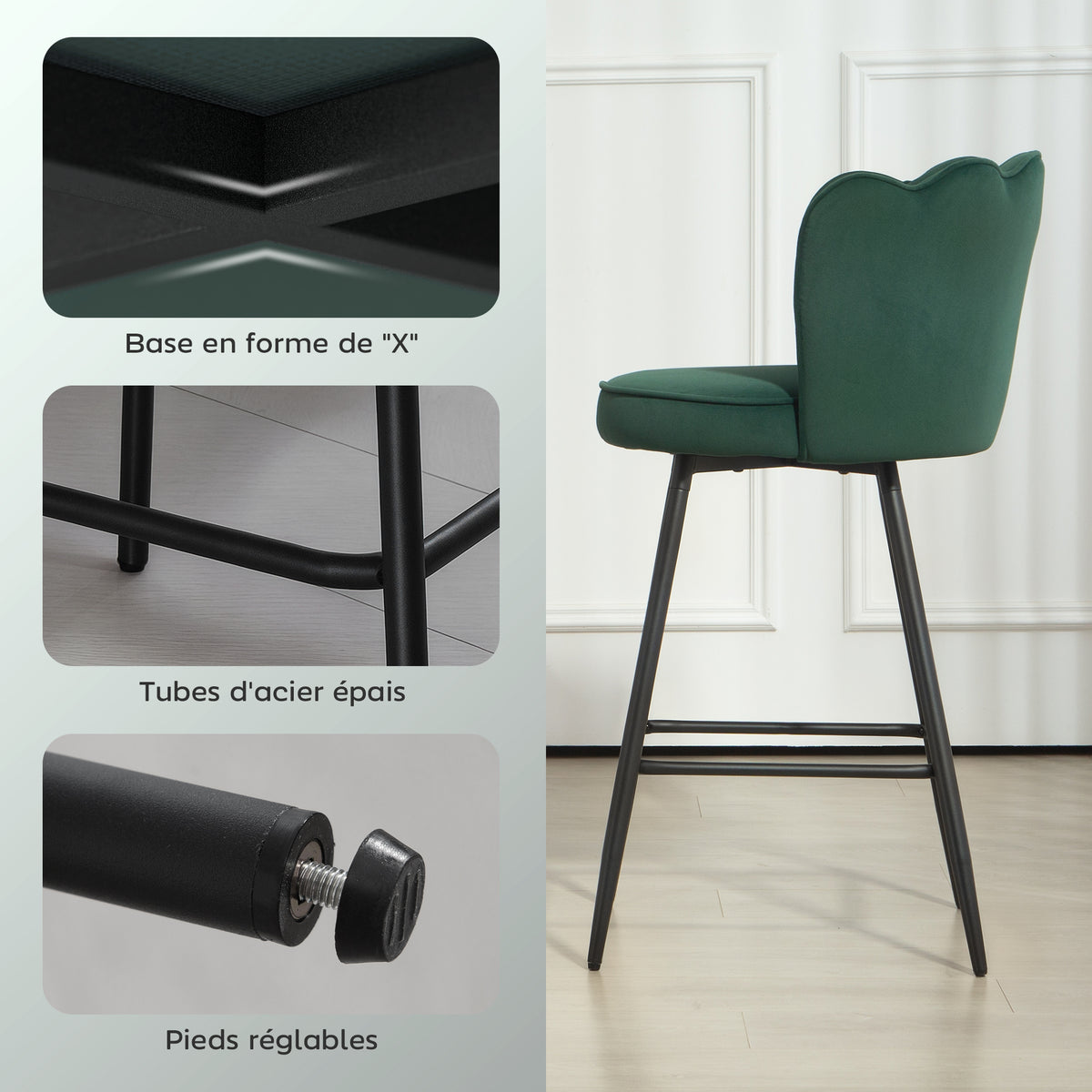 Lot de 2 tabourets de bar, chaises de bar avec dossier et repose-pieds, pieds en acier, 54 x 55 x 97 cm, vert foncé