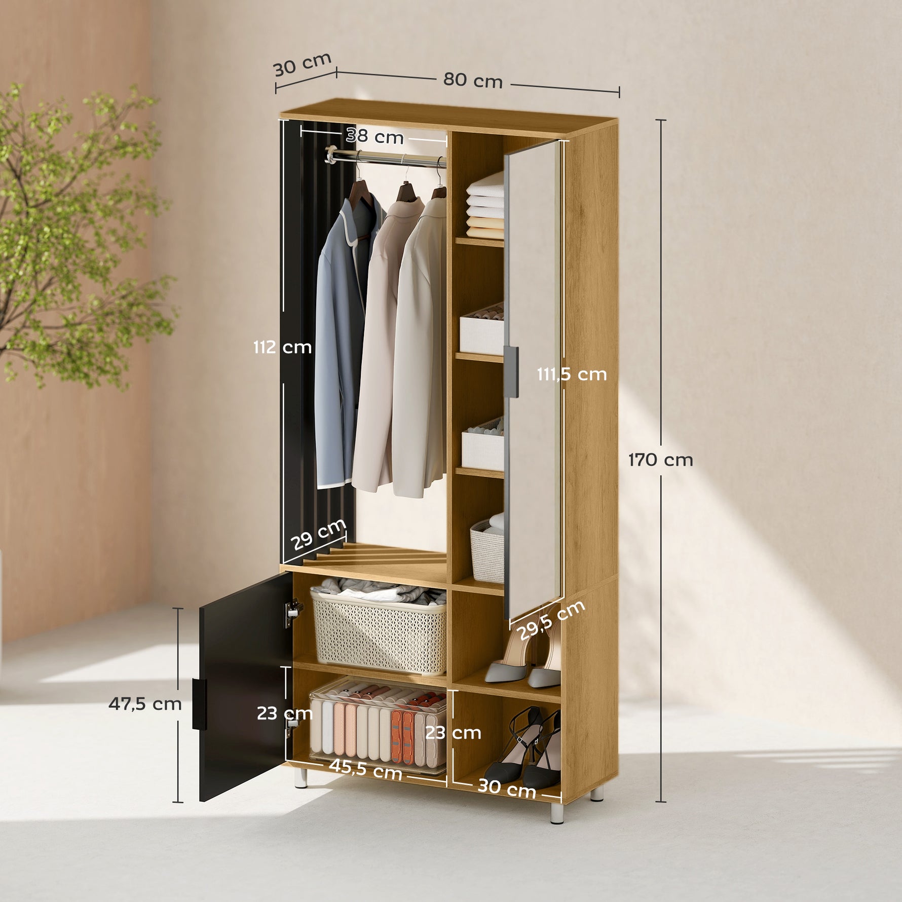 Armoire chambre penderie avec miroir, compartiments ouverts, placard et tringle de suspension, 80 x 30 x 170 cm, naturel