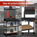 Établi d'atelier, plan de travail avec panneau perforé, 14 kits de suspension, 2 étagères et tiroir, 80x40,5x155cm, noir