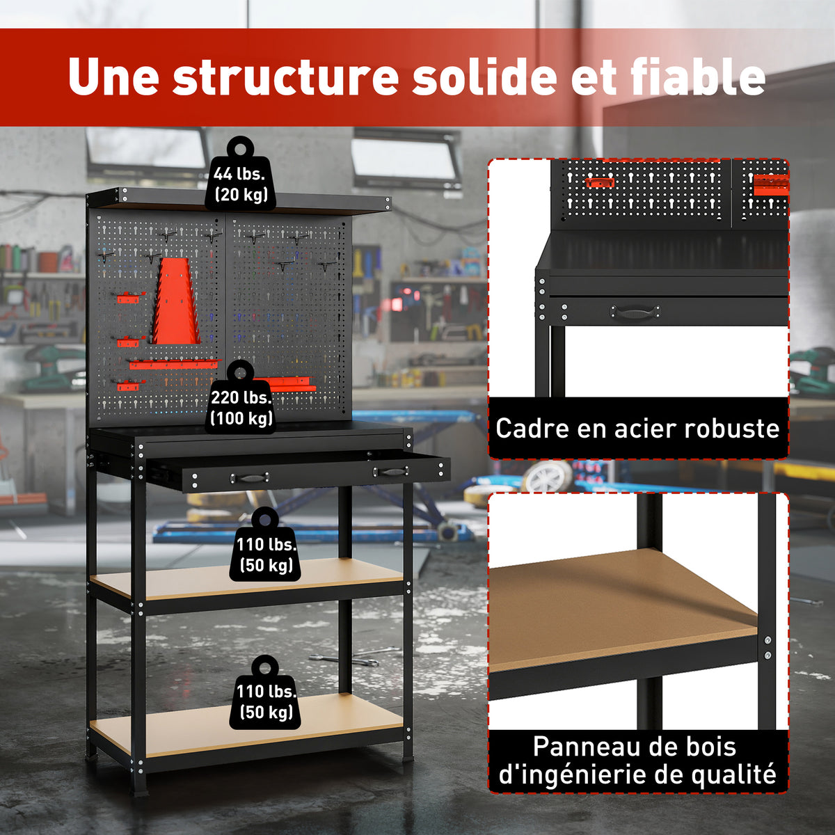 Établi d'atelier, plan de travail avec panneau perforé, 14 kits de suspension, 2 étagères et tiroir, 80x40,5x155cm, noir