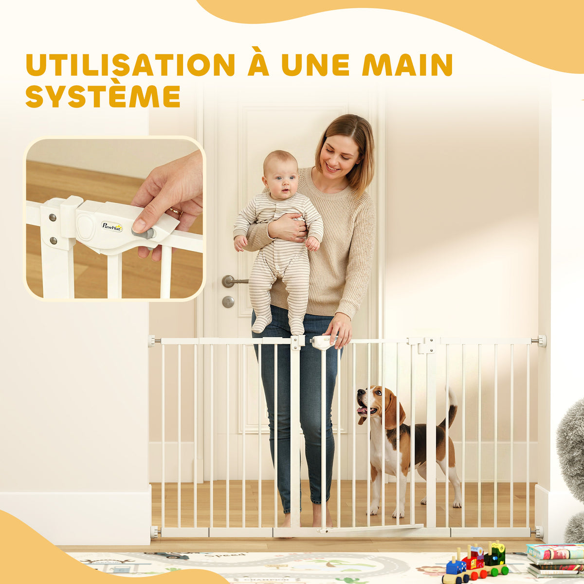 Barrière de sécurité animaux porte fermeture automatique système de double verrouillage sans perçage 3 extensions blanc