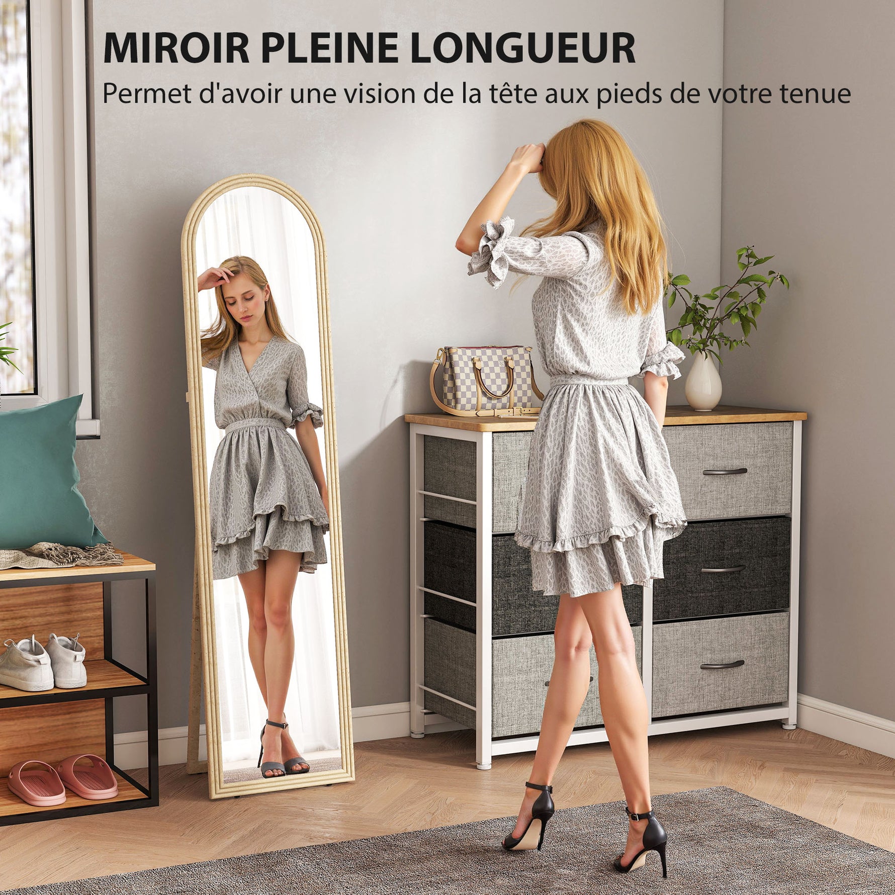 Miroir de sol arqué pleine longueur miroir sur pied cadre en effet imitation pierre pour salon chambre 40 x 160 cm beige