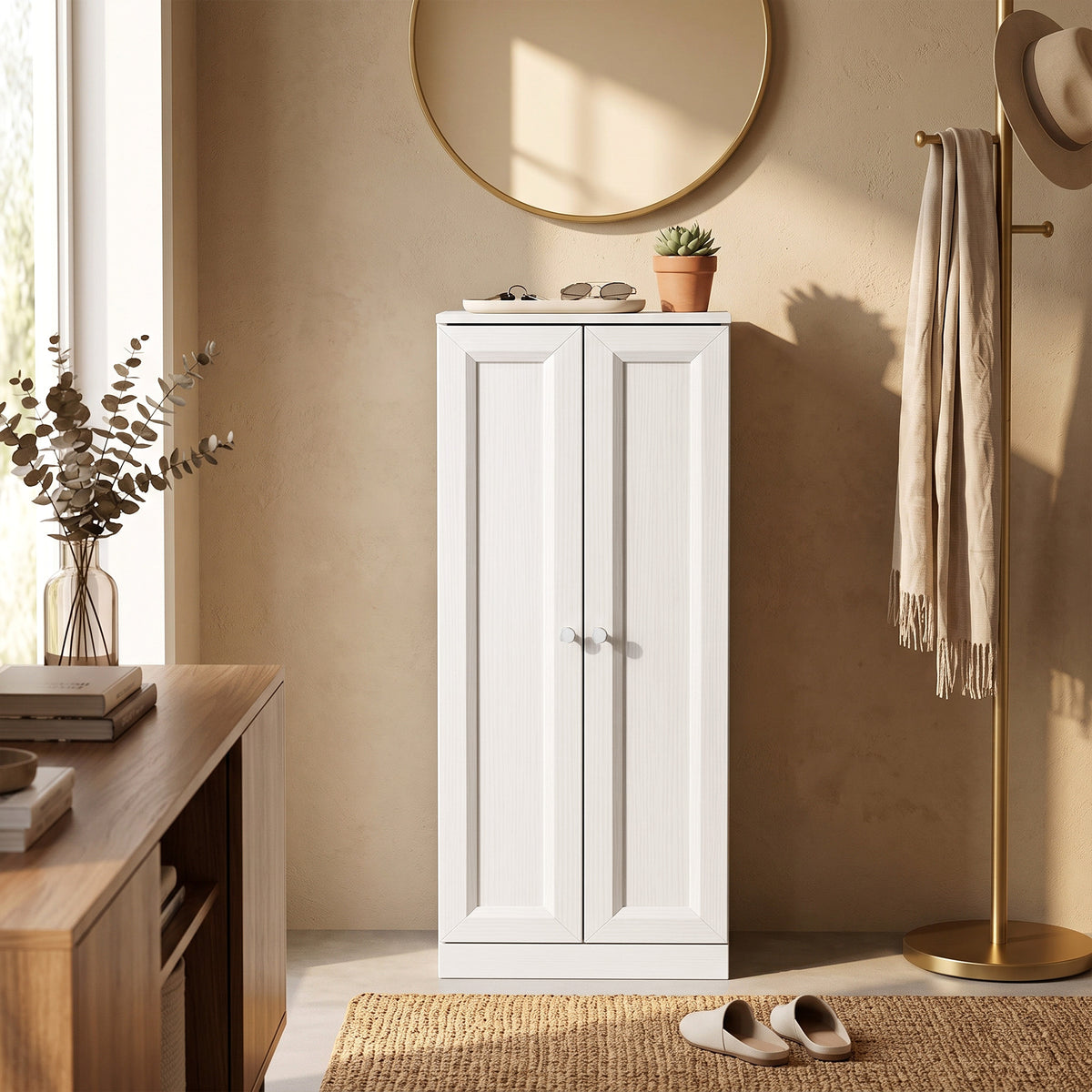 Mobiletto da Bagno Stretto, Mobile Contenitore da Terra con 2 Ante e 3 Ripiani, per Soggiorno, Camera da Letto, Bianco