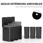 Poubelle de cuisine 45L avec 3 compartiments de 15L, couvercle, seaux intérieurs amovibles, 3 x 15L, noir