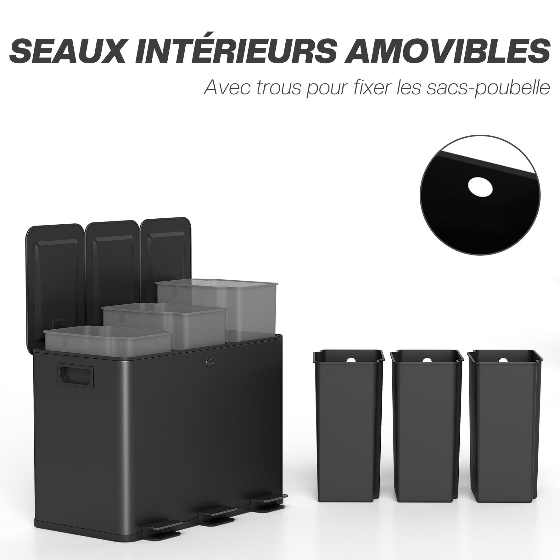 Poubelle de cuisine 45L avec 3 compartiments de 15L, couvercle, seaux intérieurs amovibles, 3 x 15L, noir
