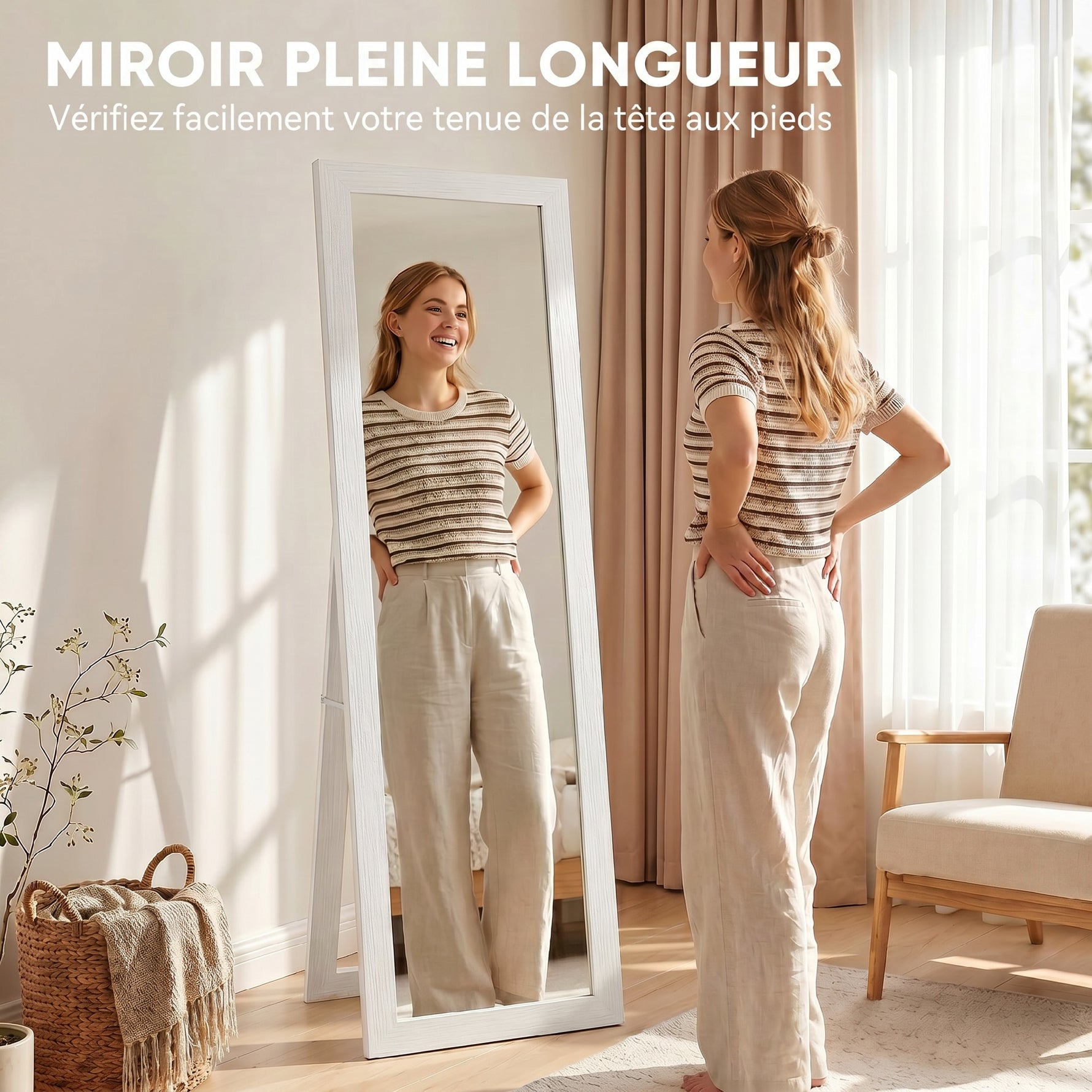 Miroir sur pied mural ou à poser rectangulaire avec cadre en bois pour salon chambre à coucher 37 x 155 cm blanc