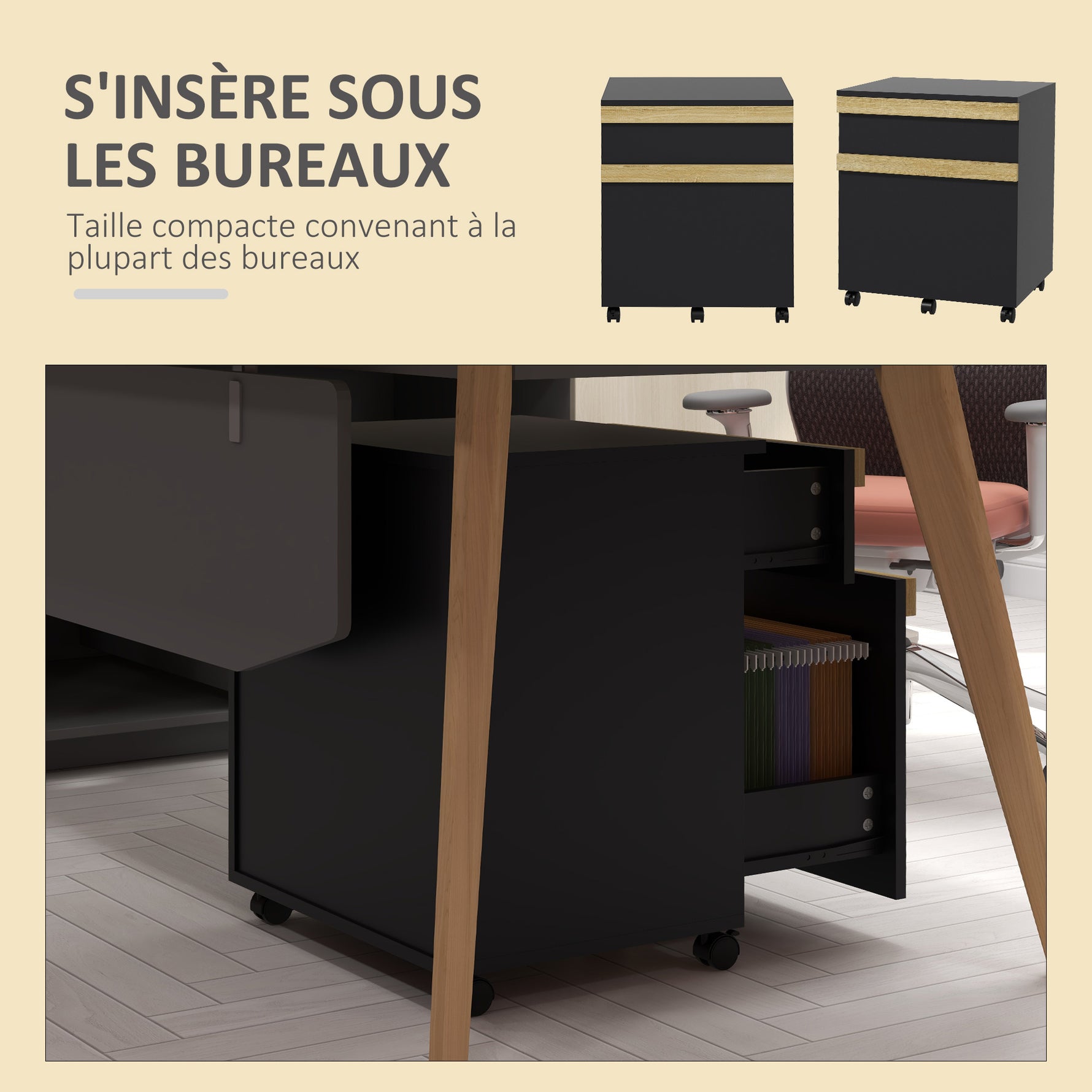 Caisson de bureau à roulettes avec 2 tiroirs coulissants trieur à dossiers 48 x 40 x 59,5 cm noir