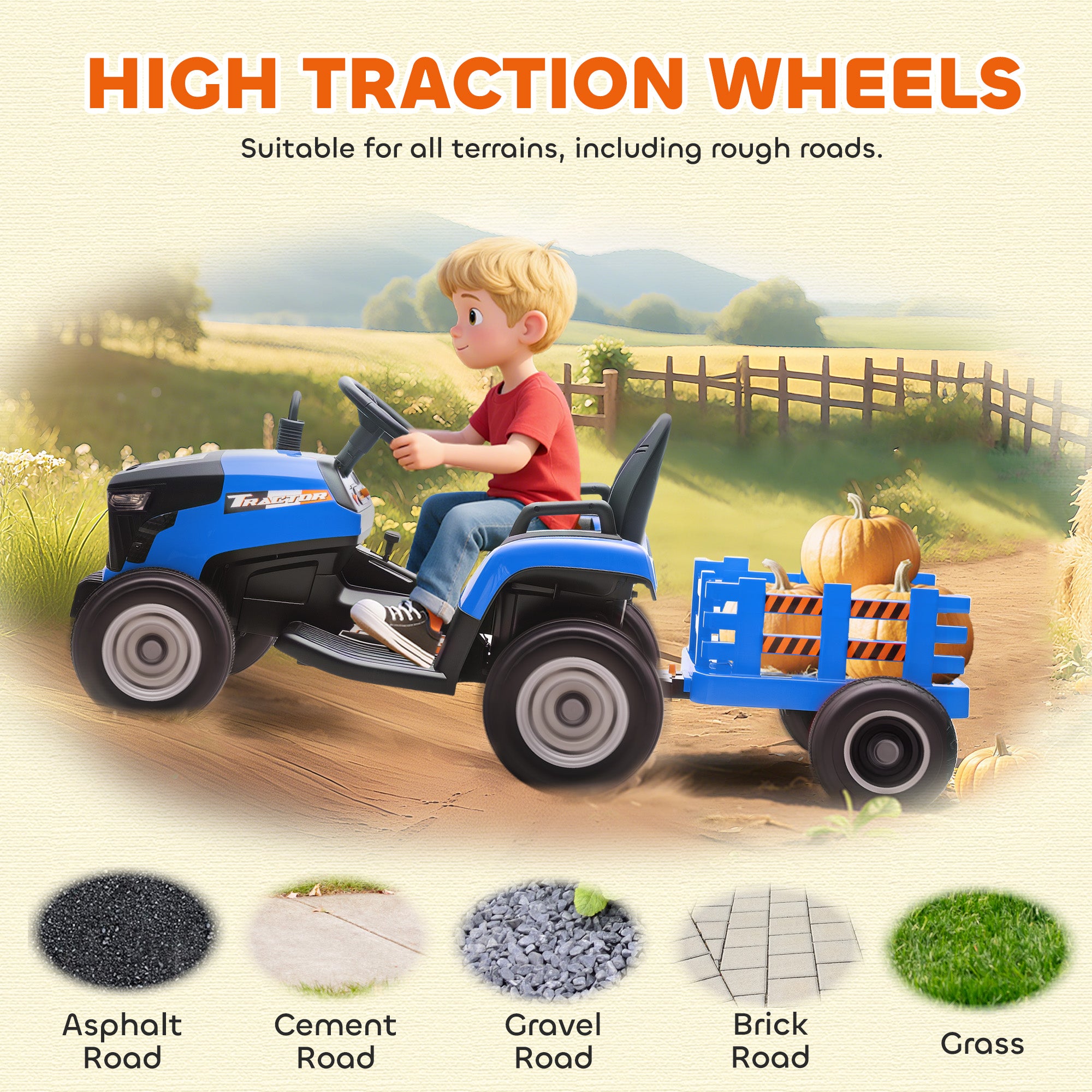 Elektrischer Kindertraktor mit abnehmbarem Anhänger, Elektroauto für Kinder, 2,4G-Fernbedienung, 139x58x55cm, Blau