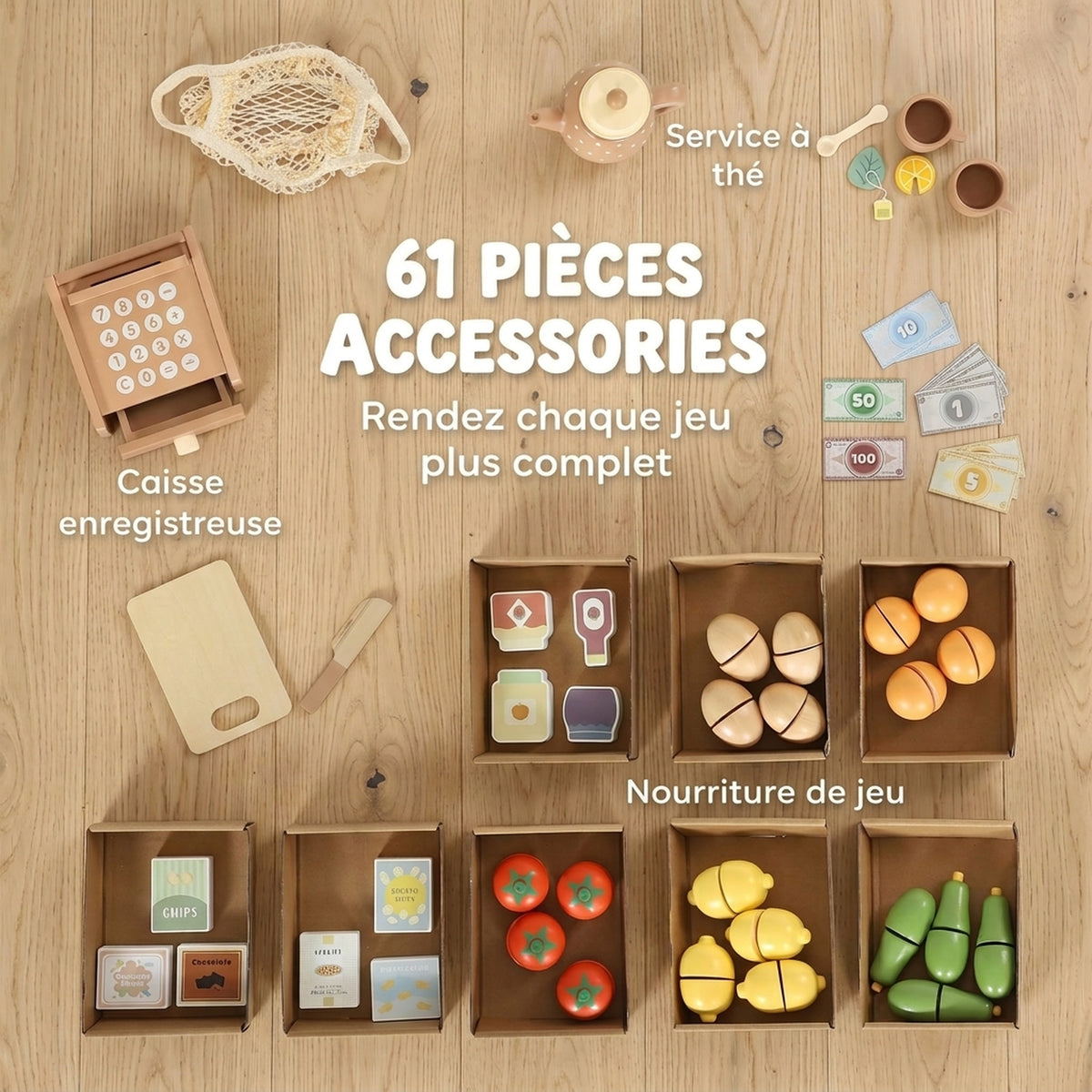 Holz-Rollenspielset für Kinder, Kasse, Spiellebensmittel, Kreidetafel und 61 Zubehörteile, für 3 bis 8 Jahre