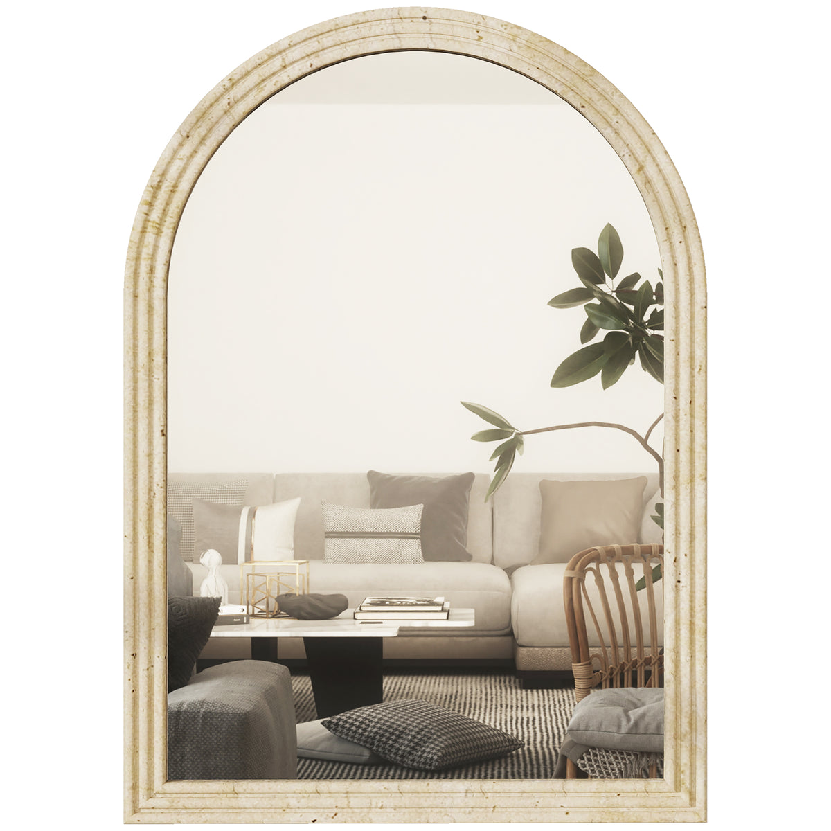 Miroir mural arqué, miroir moderne avec bord rainuré et crochets, verre trempé et polystyrène, 50 x 70 cm, beige