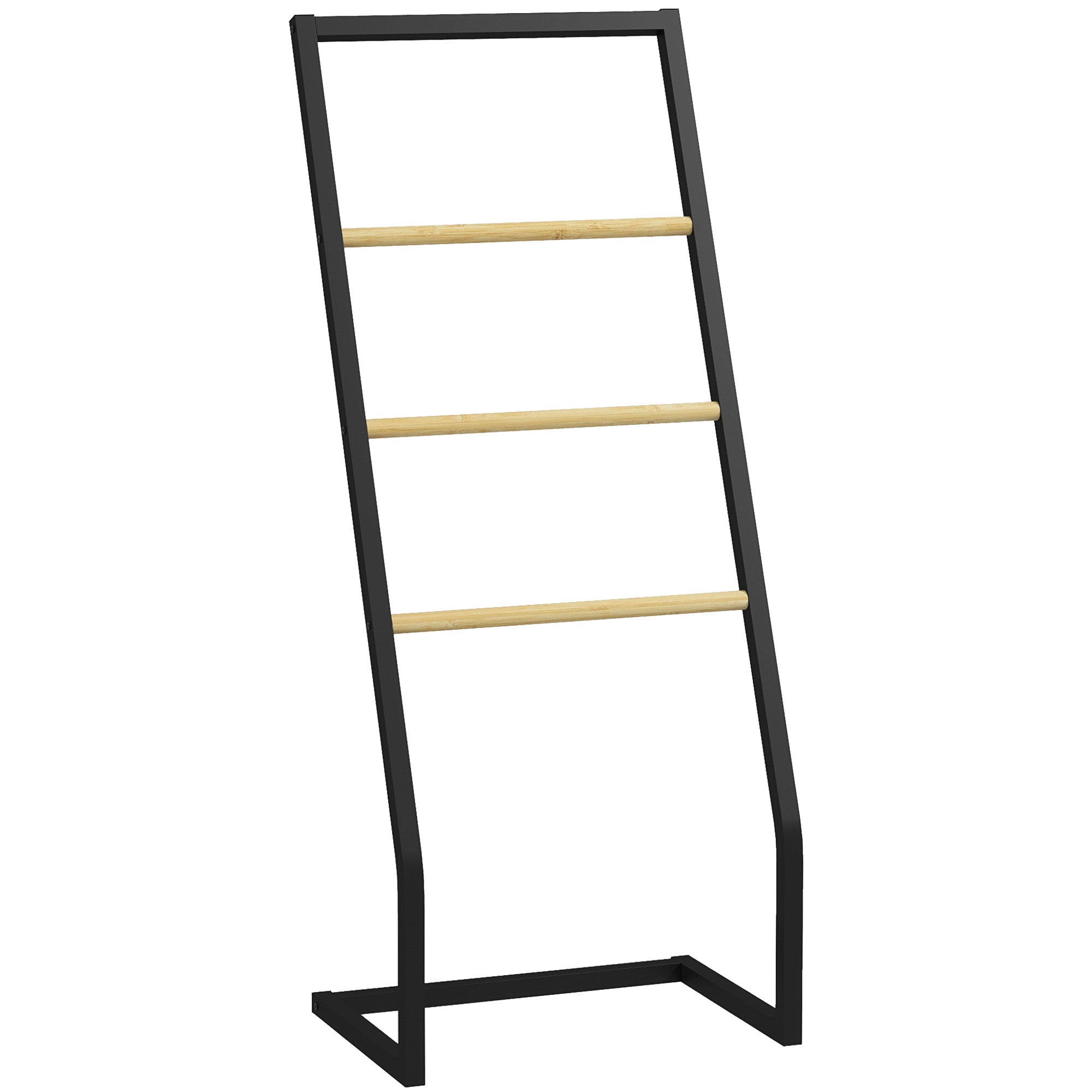 Bamboo and steel freestanding towel rack with 4 bars 40.5L x 28W x 98H cm - black and natural