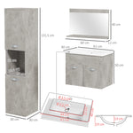Ensemble de Meubles de Salle de Bain 4 Pièces, Mural, avec Miroir, Meuble sous Vasque, Lavabo et Armoire Haute, gris