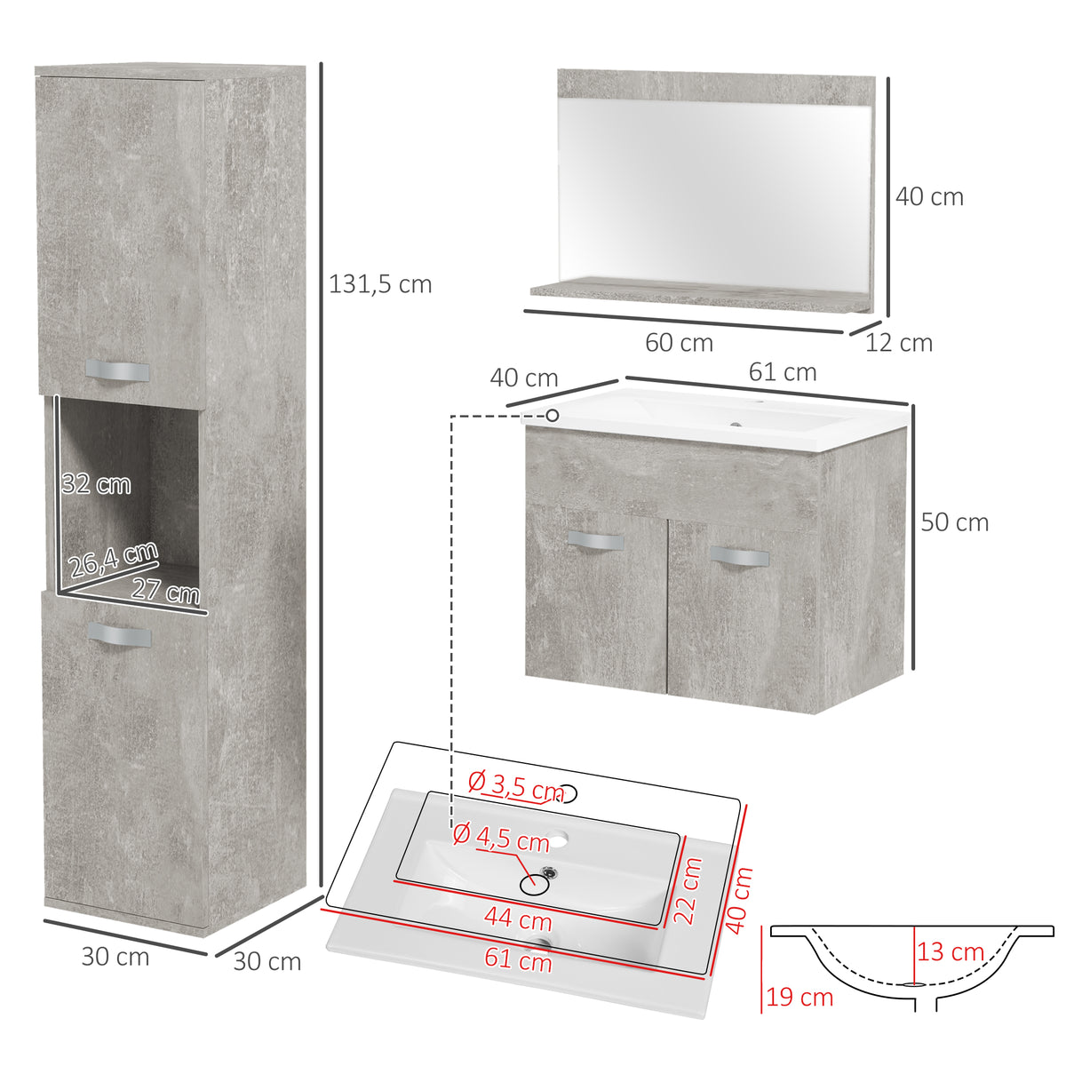 Ensemble de Meubles de Salle de Bain 4 Pièces, Mural, avec Miroir, Meuble sous Vasque, Lavabo et Armoire Haute, gris
