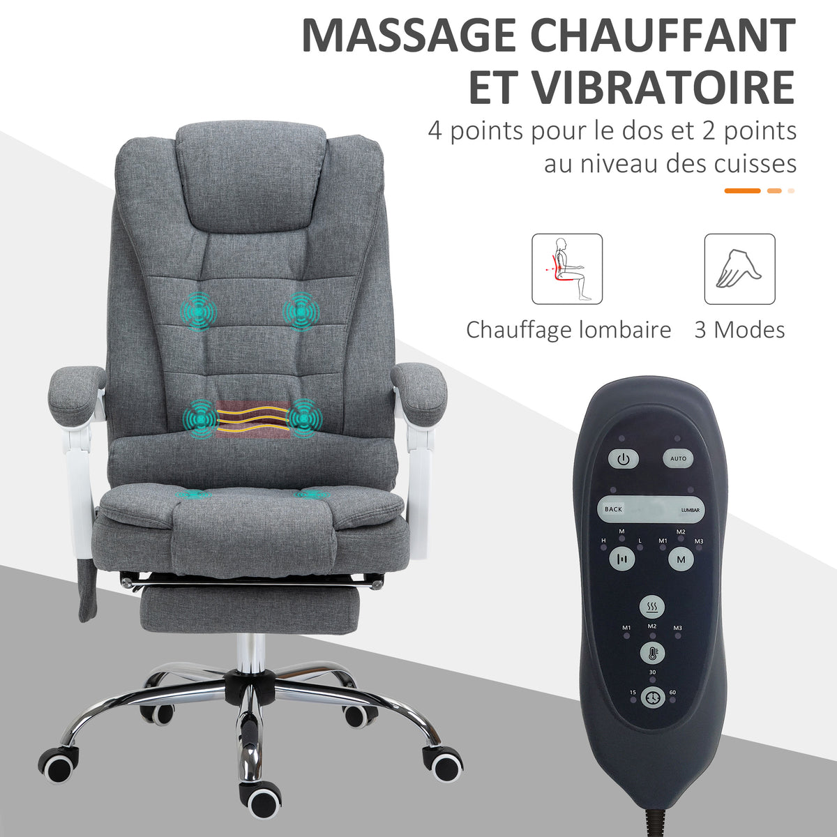 Fauteuil de bureau direction massant chauffant hauteur réglable dossier inclinable toile de lin gris