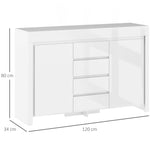 Buffet salon, meuble de rangement avec éclairage LED 4 tiroirs portes à fermeture douce 120 x 34 x 80 cm, blanc brillant