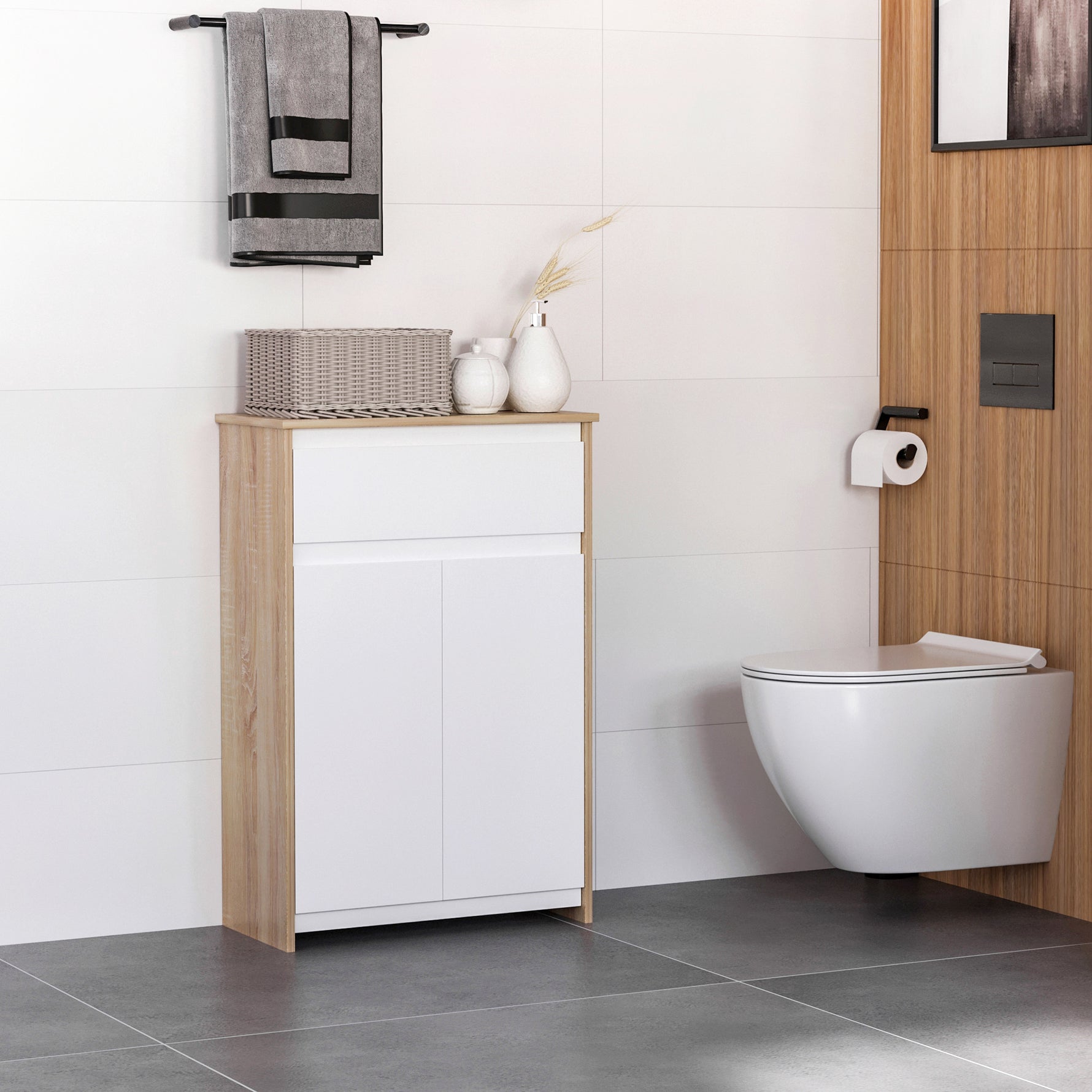 Meuble de salle de bain, meuble de rangement, tiroir et placard double porte, 60x30x90cm, blanc et effet bois naturel