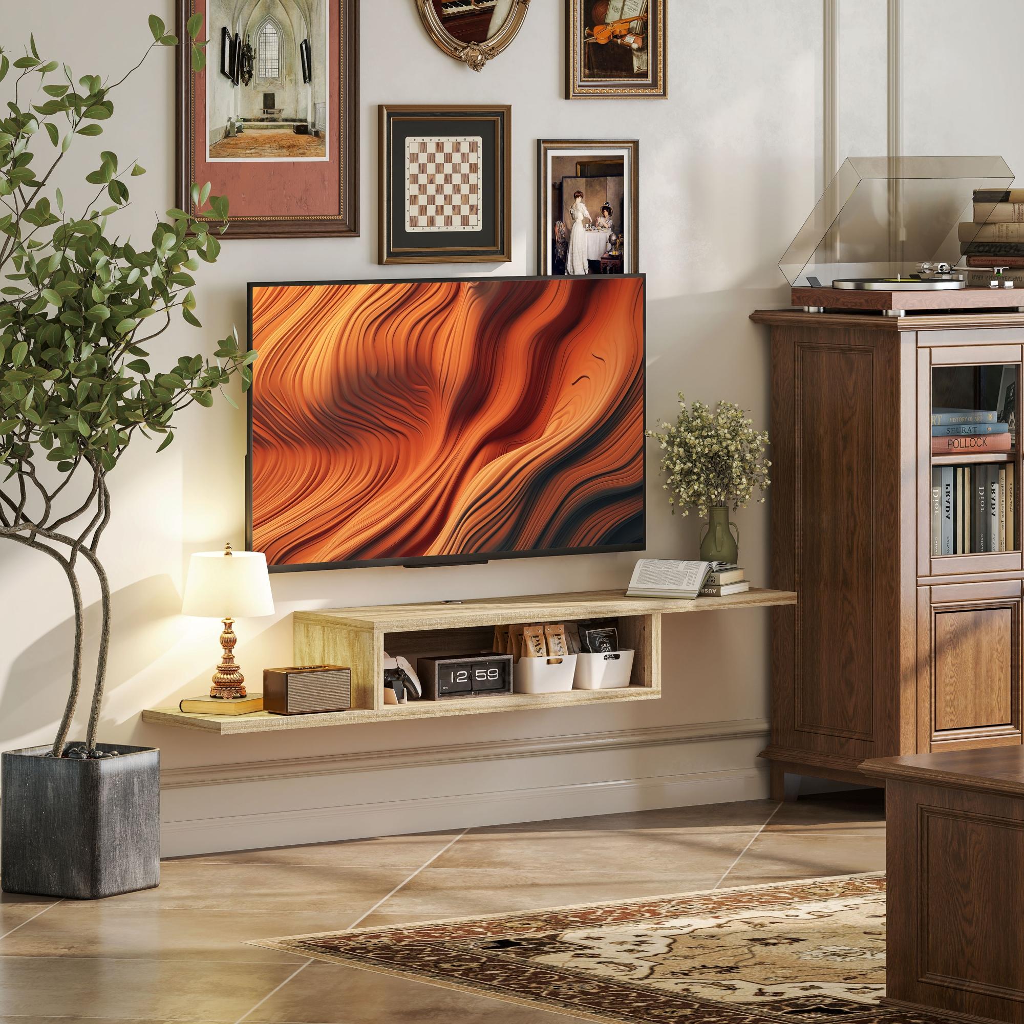 Meuble TV mural flottant suspendu support TV - étagère murale flottante - niche, passe-fils - chêne clair