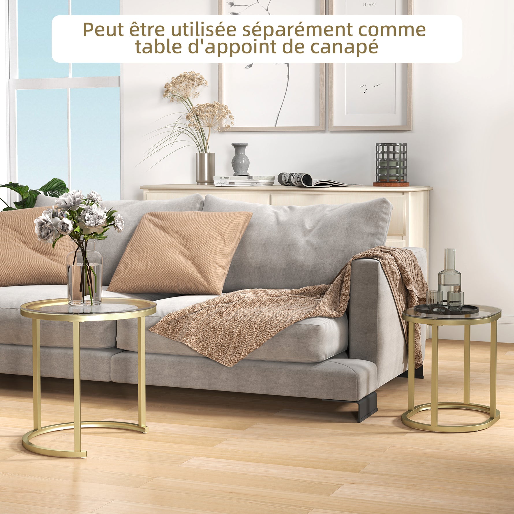 Lot de 2 tables basses tables d'appoint gigognes encastrables structure en acier et plateau verre trempé transparent or