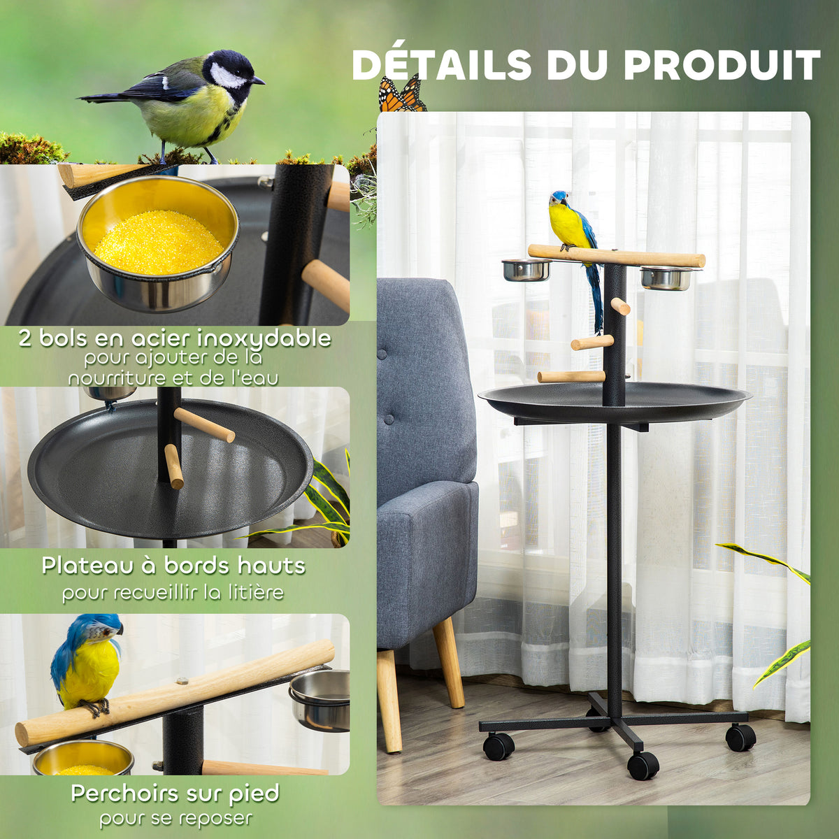 Perchoir perroquet mangeoire à oiseaux sur pied 4 roulettes, 2 mangeoires en acier inoxydable, Ø 60 x 111 cm, gris