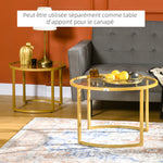 Lot de 2 tables basses gigognes rondes plateau verre trempé et pied en acier au carbone doré