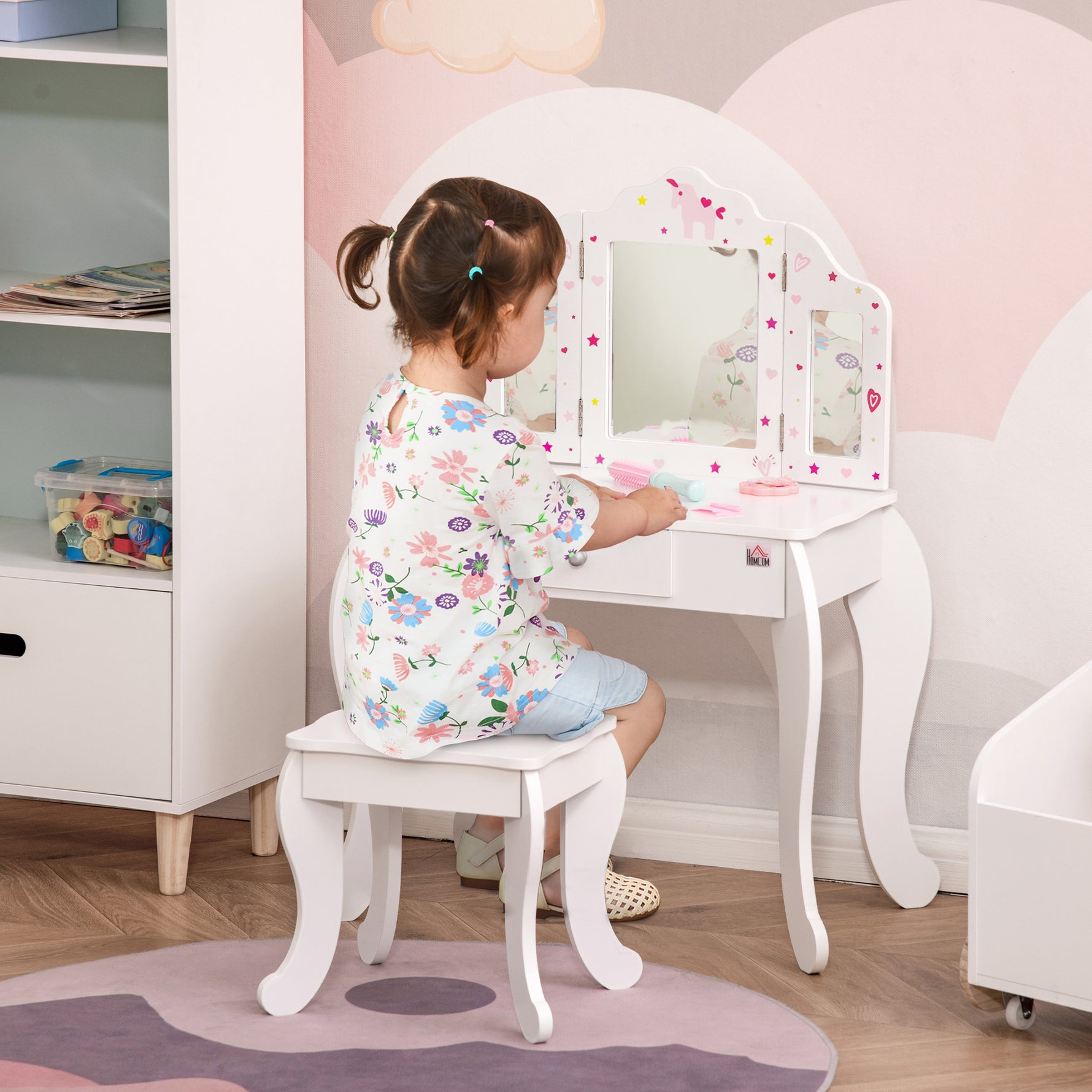 Coiffeuse Enfant avec Tabouret, Miroir triptyque et tiroir Coulissant - Coiffeuse dim. 63L x 40l x 85,5H cm