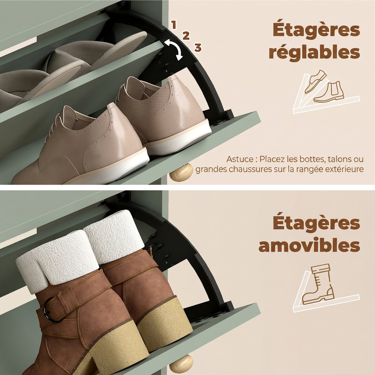Meuble à chaussures 12 paires, armoire à chaussures avec 2 tiroirs rabattables, étagères réglables, 80x26x101 cm, vert