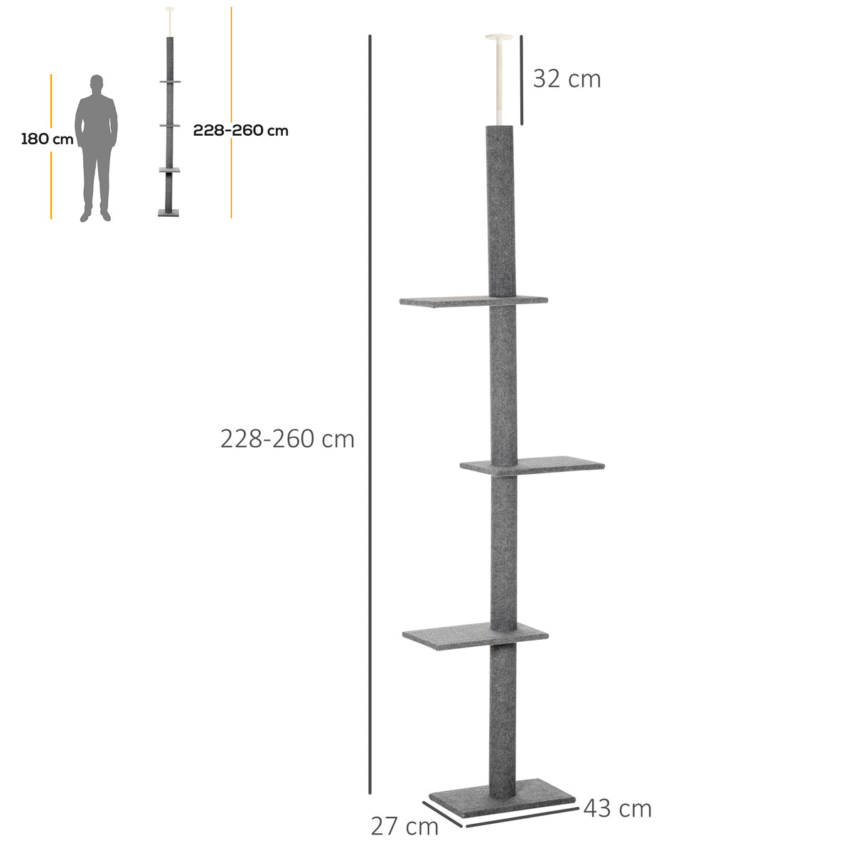 Arbre à chat du sol au plafond poteau à griffer hauteur réglable dim. 43L x 27I x 228-260H cm 4 niveaux d'activités gris