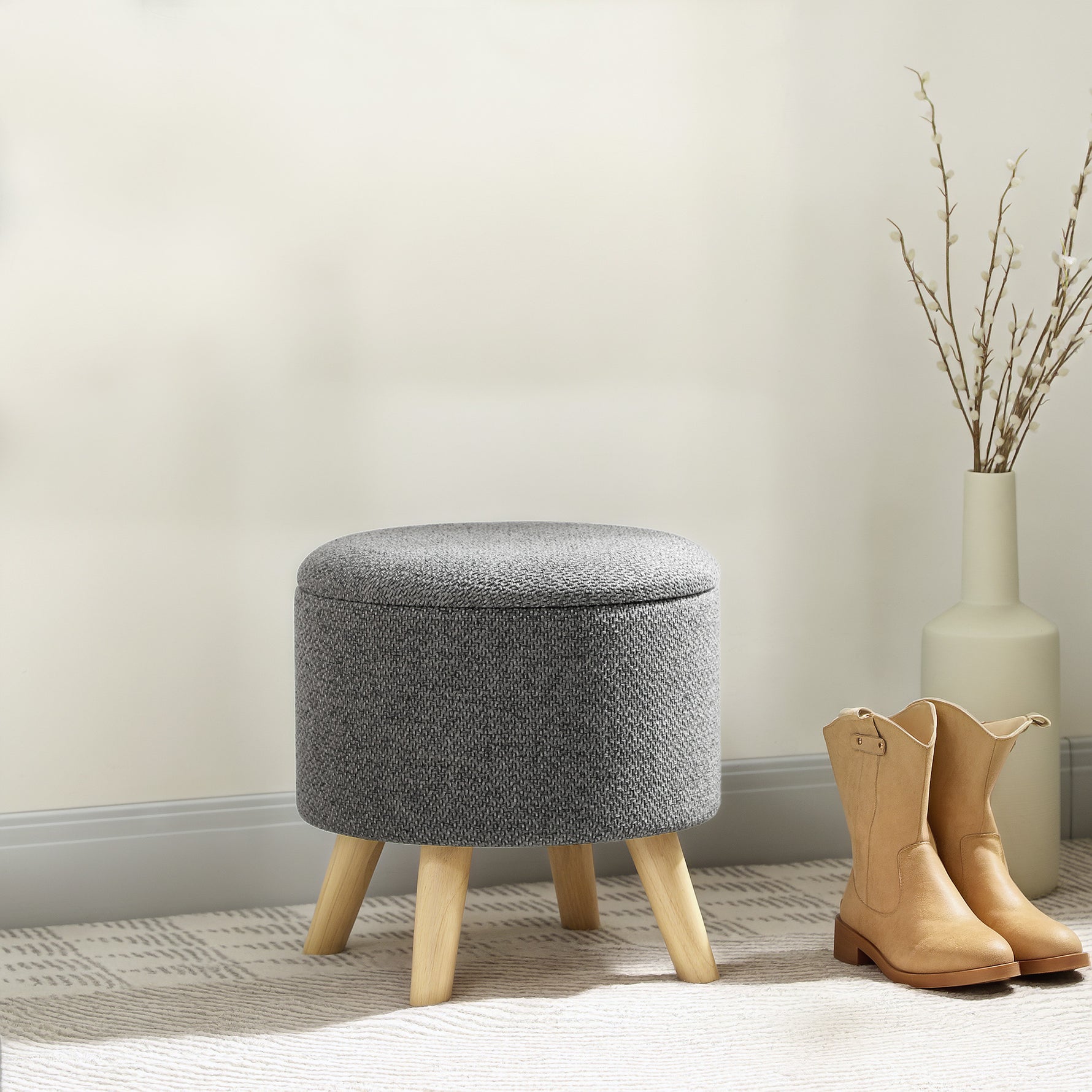 Pouf rond repose-pieds tabouret avec coffre de rangement pieds en bois design moderne gris